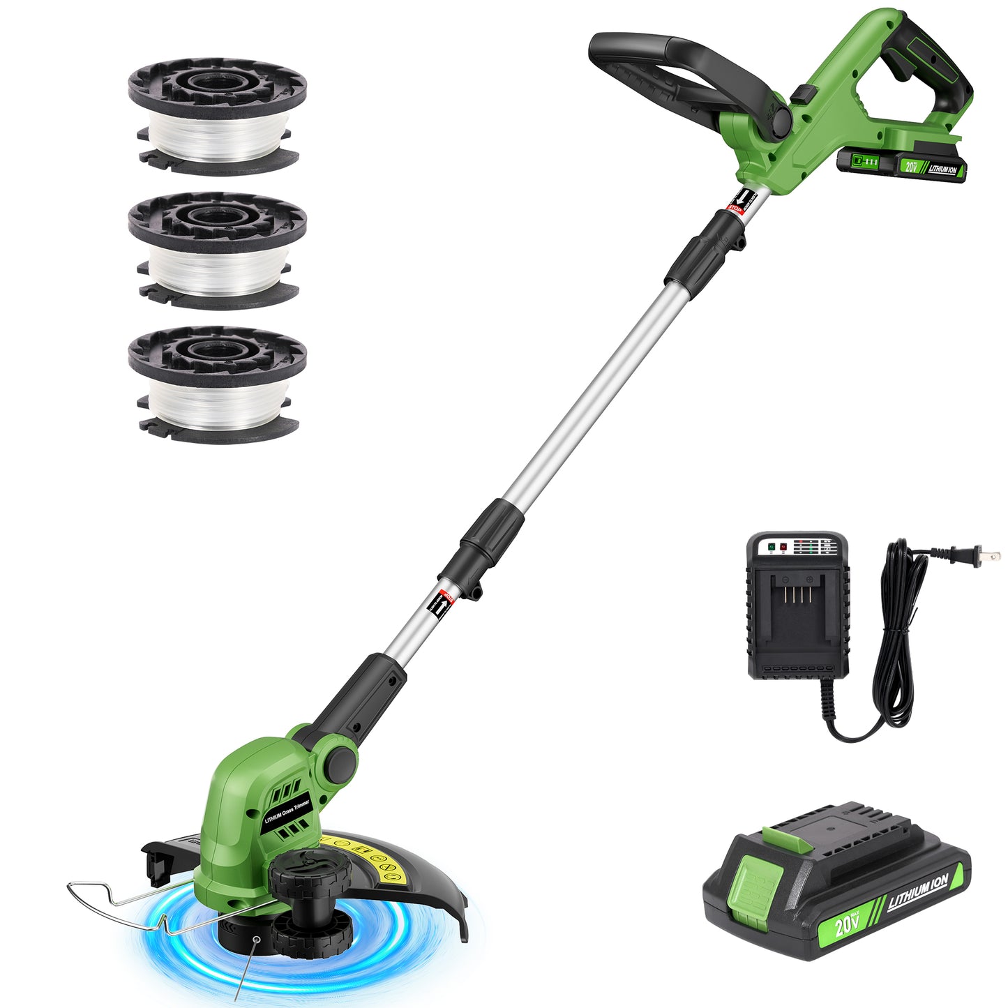 TACKLIFE 20V 12" Cordless String Trimmer & Edger, Handle Adjustable Weed Eater Grass Trimmer with 3 lines, 2.0Ah Battery & Charger, Auto Line Feed,Green
