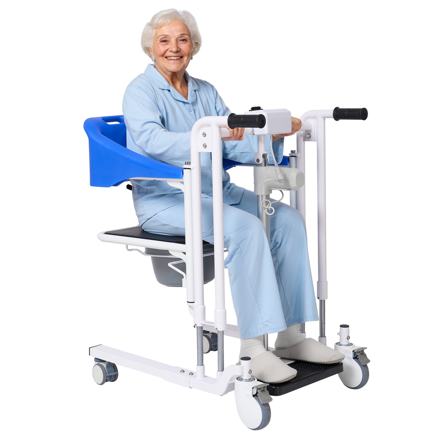 Electric Patient Lift Transfer Chair with Commode Portable Adjustable Height Medical Lift Aid for Elderly Disabled Adults, 330lbs Capacity