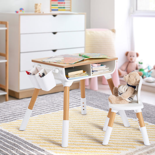 Gasky Kid Table and Chair Set with Drawer and Basket, Adjustable Toddler Graffiti Table , Preschool Kids Furniture Table Set for Reading, Drawing, Eating, White