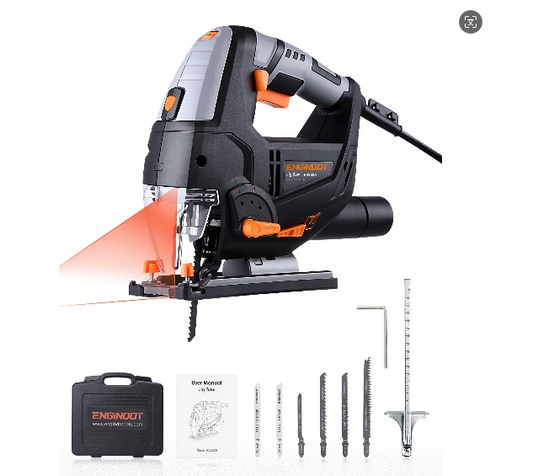 ENGiNDOT 6.7 Amp 800W Jigsaw, 800-3000 SPM Jig Saw with 6 Variable Speed, Laser & LED, 4 Orbital Sets, 6 Blades, Scale Ruler, Dust Blowing for Wood, Metal and Plastic Cutting