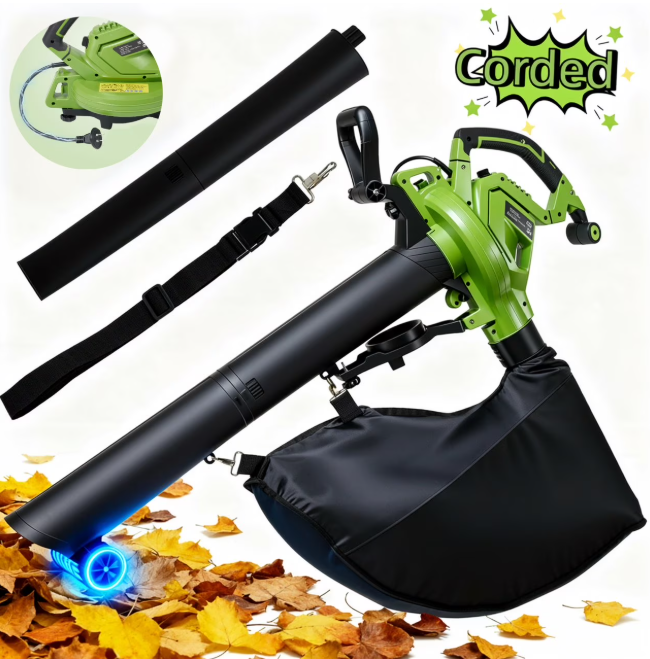 GASKY 120V 12Amp Corded 3 in 1 Leaf Blower/Vacuum/Mulcher, 495CFM/199MPH, 6 Speeds Outdoor Vacuum Cleaner Electric Leaf Blowers for Lawn Care, Lightweight, Green