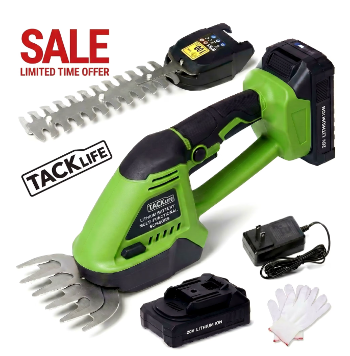 GASKY 20V Cordless Hedge Trimmer, 2 in 1 Electric Grass Shear and Hedge Trimmer with Rechargeable 2.0Ah Battery, 2 Blades, Charger, Green