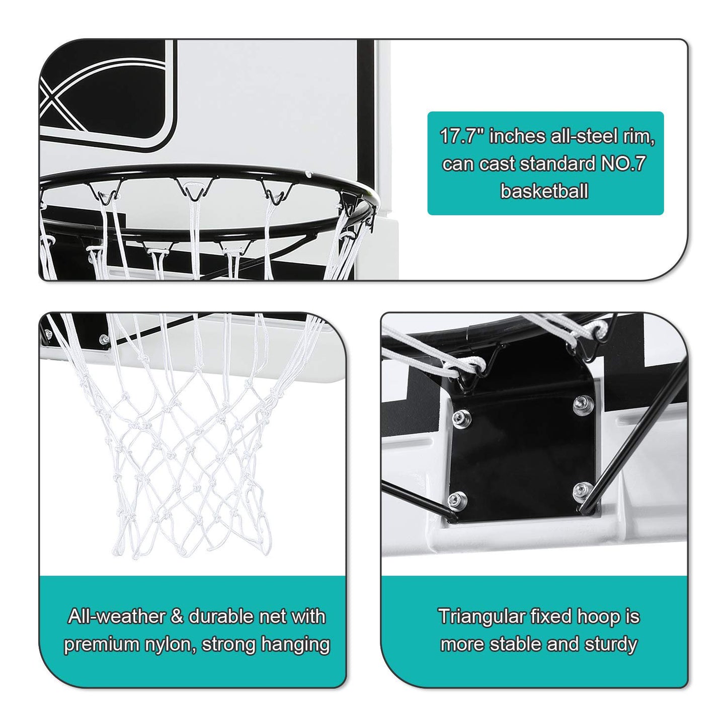 44In Portable Basketball Hoop with Adjustable Height and Strong Base, 7 Ft 6 In to 10 Ft Basketball Goals with Wheels for Kids Adults, White