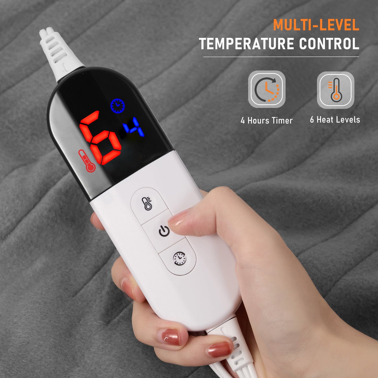 GASKY Flannel & Shu Velvet 50x60 Inches Heated Blanket 6 Heat Settings Electric Blanket Machine Washable Heated Throw Blanket for Adults, Home Office Use Grey White