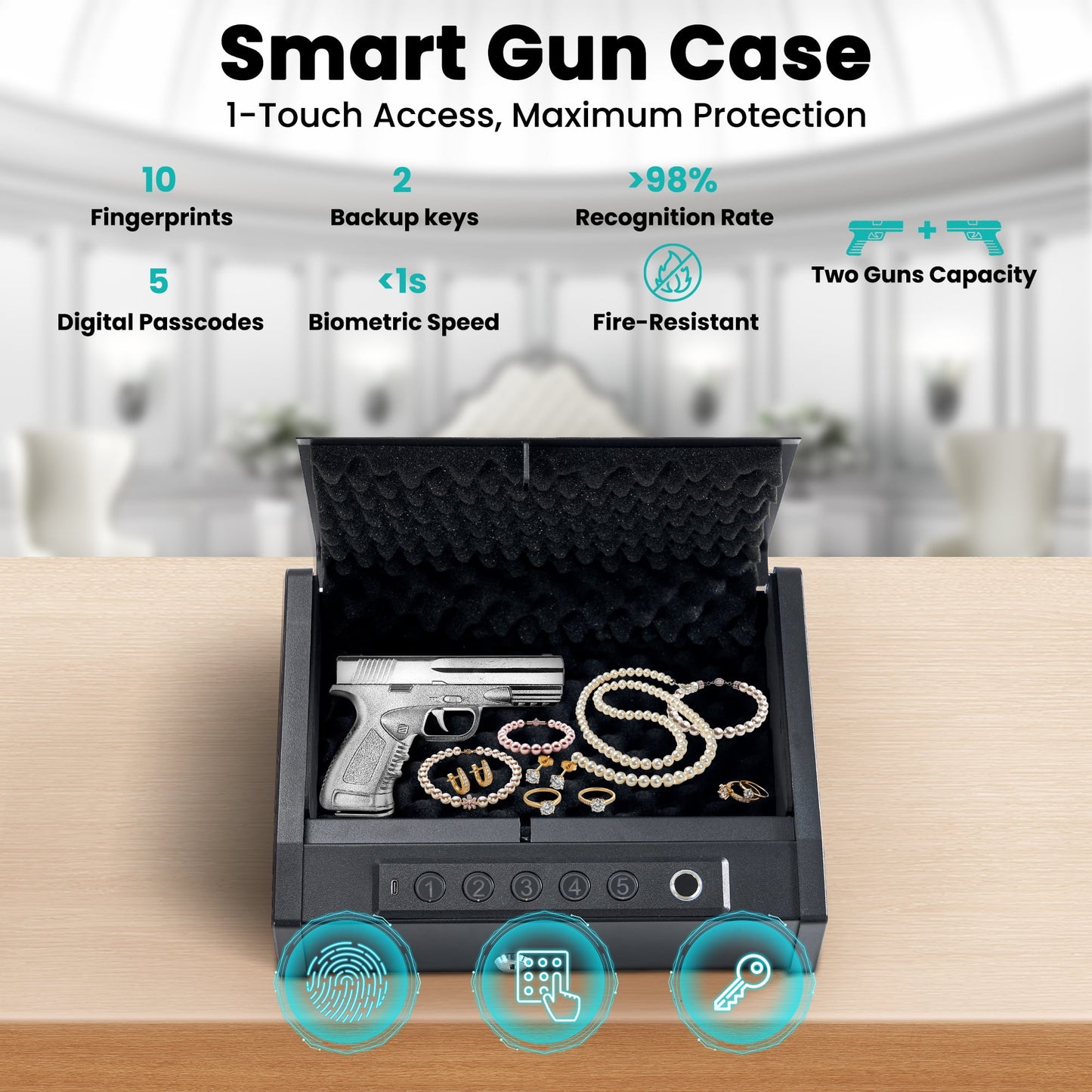 GASKY Gun Safe Portable Biometric Pistol Safe with 2 Handgun Capacity 10 Fingerprint&5 Password& 2 Keys handgun safe for Car & Travel Auto, Truck, Home Use