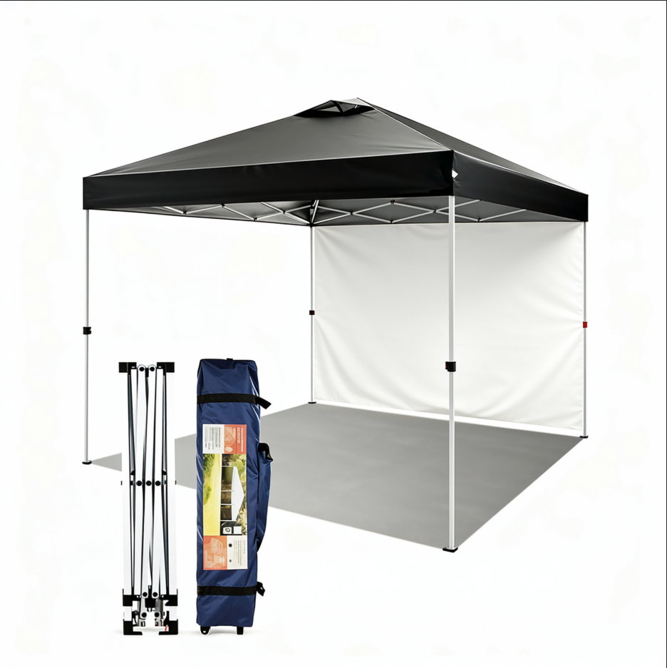 TACKLIFE 10'x10'Pop Up Canopy Tent,One Person Set-up Canopy with Sidewall&Carry Bag&Ropes&Stakes&Sandbags,All-Weather Portable Shelter for Outdoor Gatherings,Black