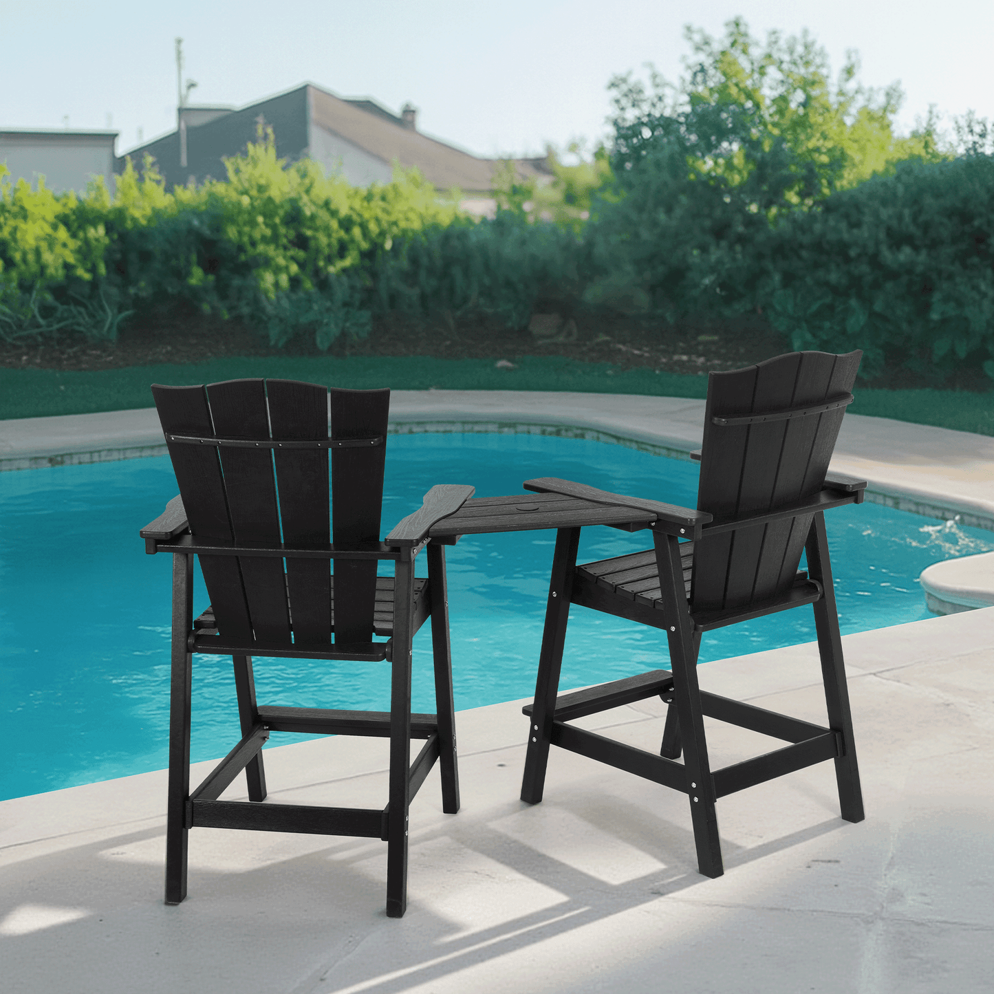 Tall Adirondack Chairs Set of 2 HDPE Outdoor Bar Stools with Removable Connecting Tray,Bar Height Chairs with Umbrella Hole for Patio, Balcony, Deck,Black