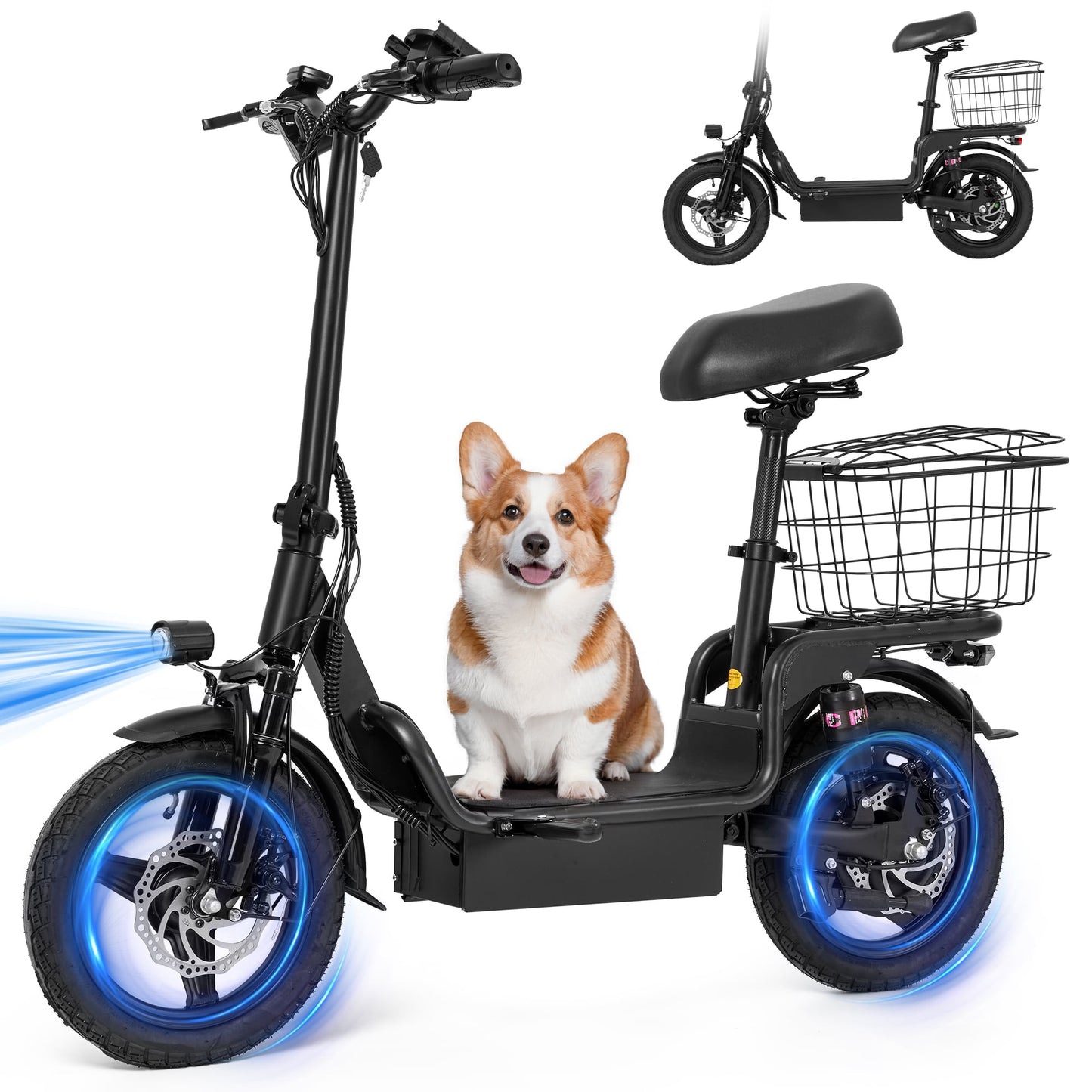 Electric Scooter with Seat Max 20-25miles Range 16-20mph Power by 480W Motor Commuter Escooter with Carry Basket