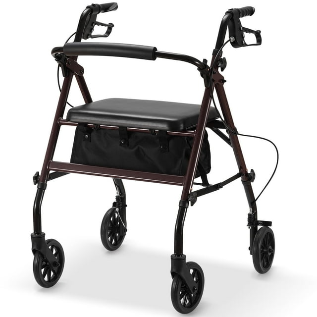 Rollator Walkers for Seniors with Seat & Handles, Foldable Rolling Medical Rollator Walker with Wheels, Aluminum Frame Supports 300 lbs (Burgundy)