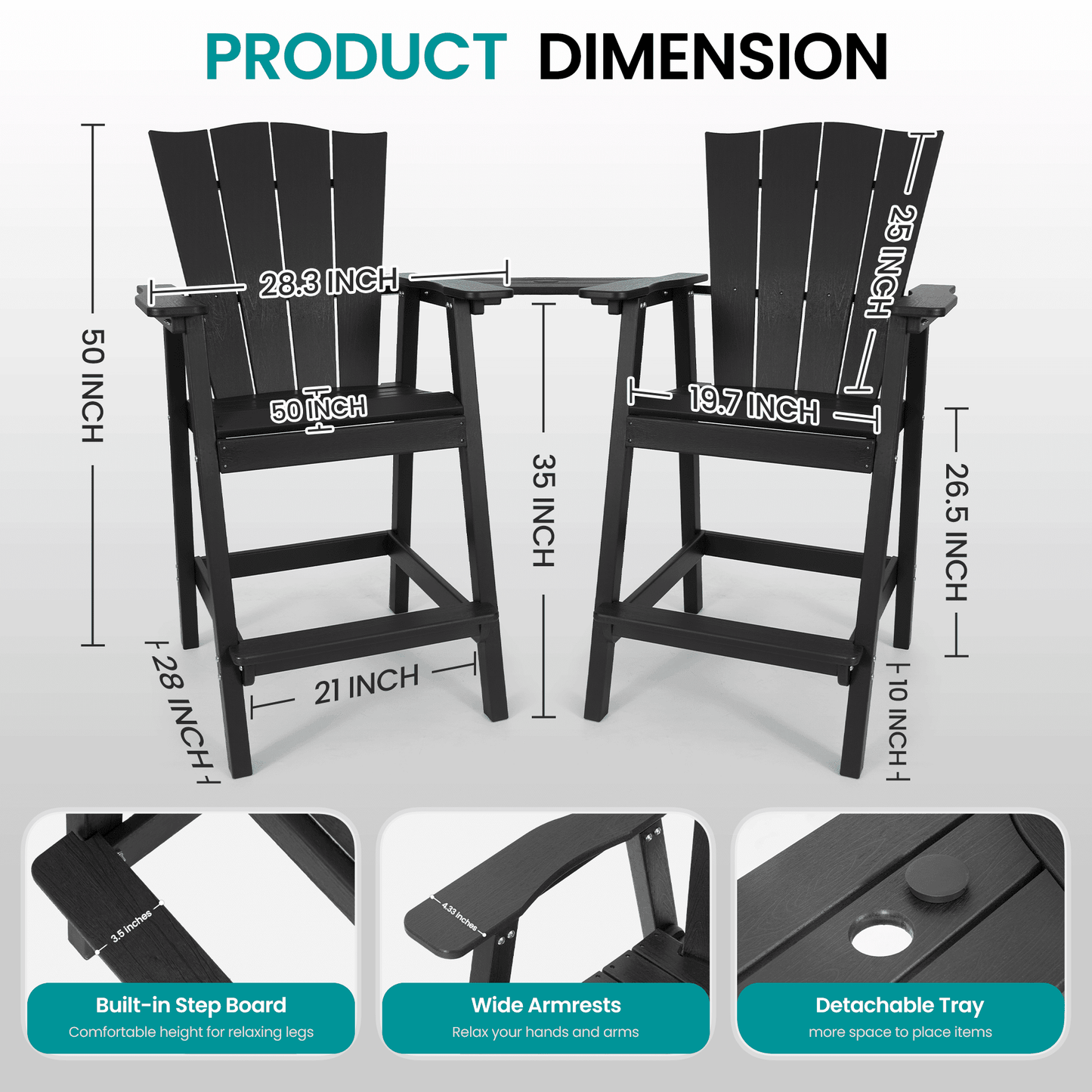 Tall Adirondack Chairs Set of 2 HDPE Outdoor Bar Stools with Removable Connecting Tray,Bar Height Chairs with Umbrella Hole for Patio, Balcony, Deck,Black