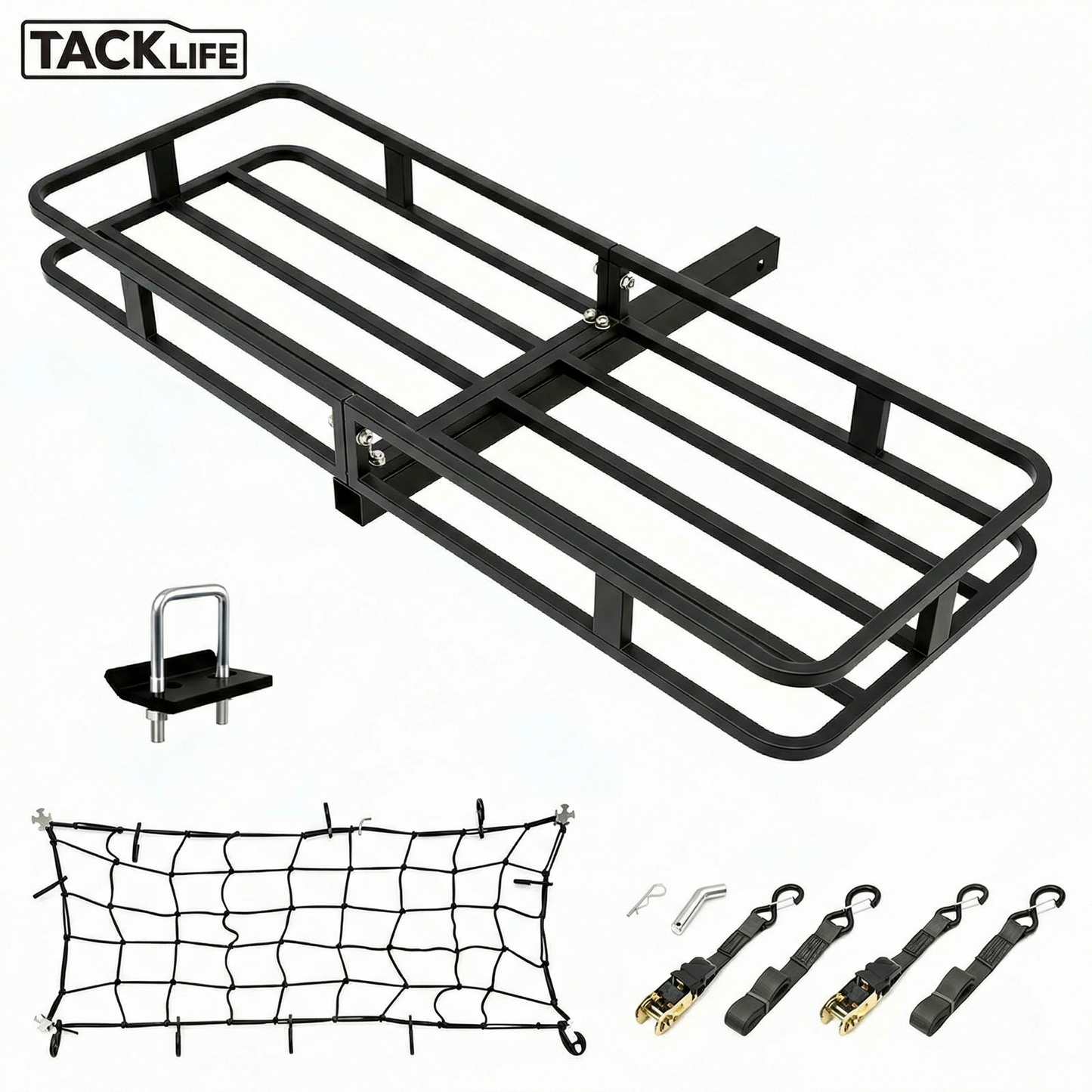 TACKLIFE Hitch Mount Cargo Carrier,53"×19"× 5" Heavy Duty Hitch Mount Rear Luggage Rack with Net & Snap, 500 Lbs Capacity, 2'' Receiver for SUV, Car,RV