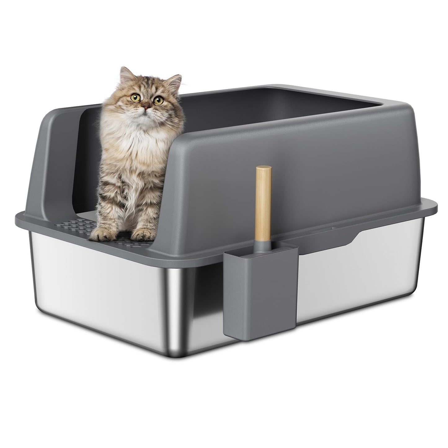 Gasky Stainless Steel Litter Box, Metal Litter Pan with Lid, Extra Large Litter Box with Scoop,Gray