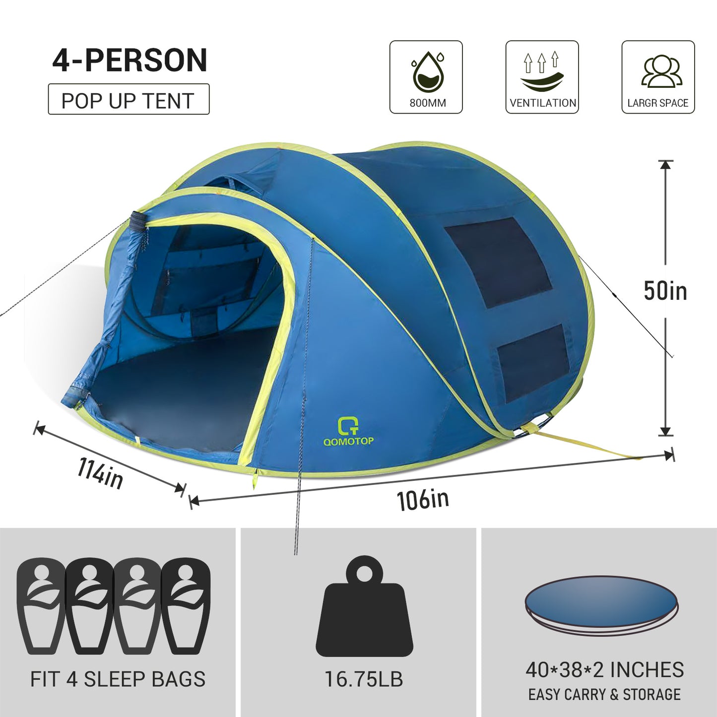 4 Person Camping Tent, Set up Waterproof Tent-Blue