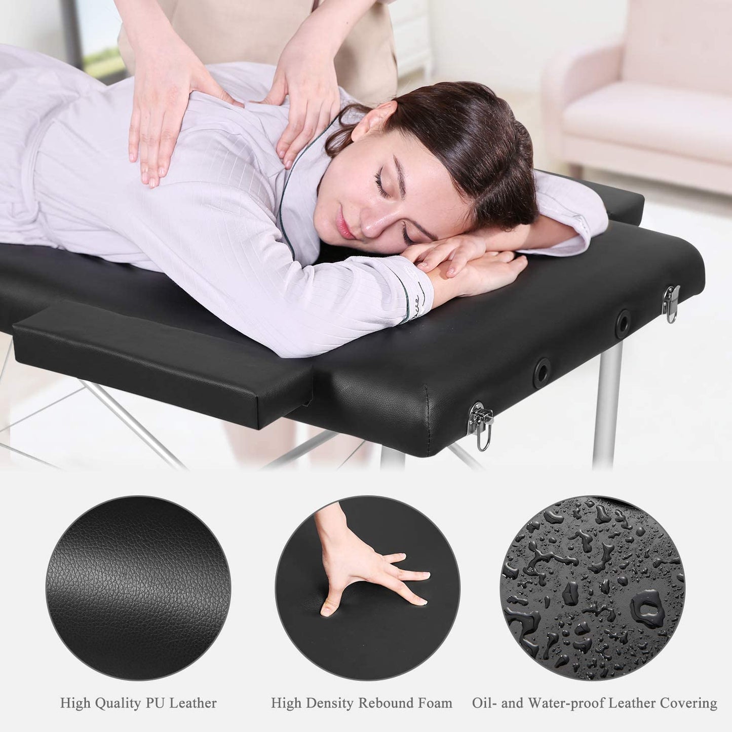 Massage Table Portable Massage Bed Aluminum 3 Section 9 Height Adjustment with Headrest, Armrests, and Hand Pallet, 496lbs Capacity