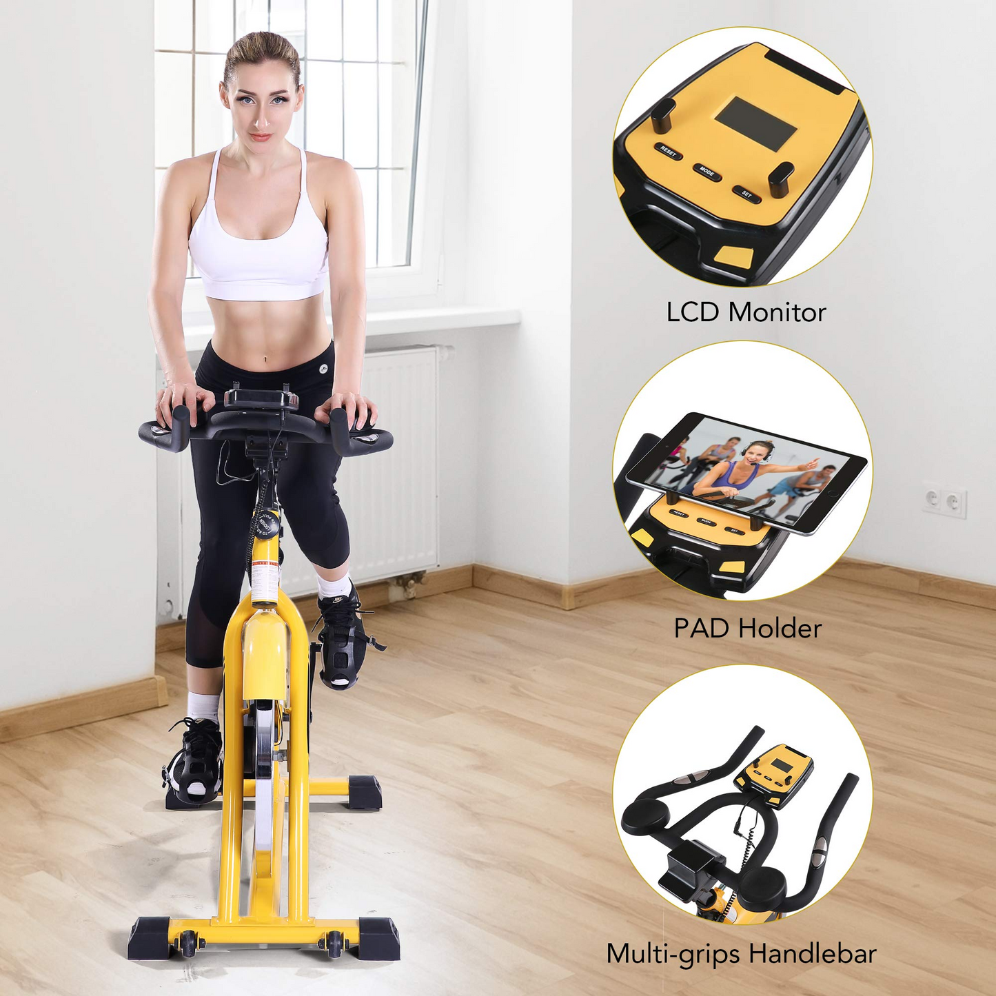 44lbs Flywheel Exercise Bike Stationary Bike Belt Drive with Pulse Sensor/LCD Monitor/Ipad Mount/ Adjustable Handlebar Indoor Cycling Bike for Home Cardio Workout