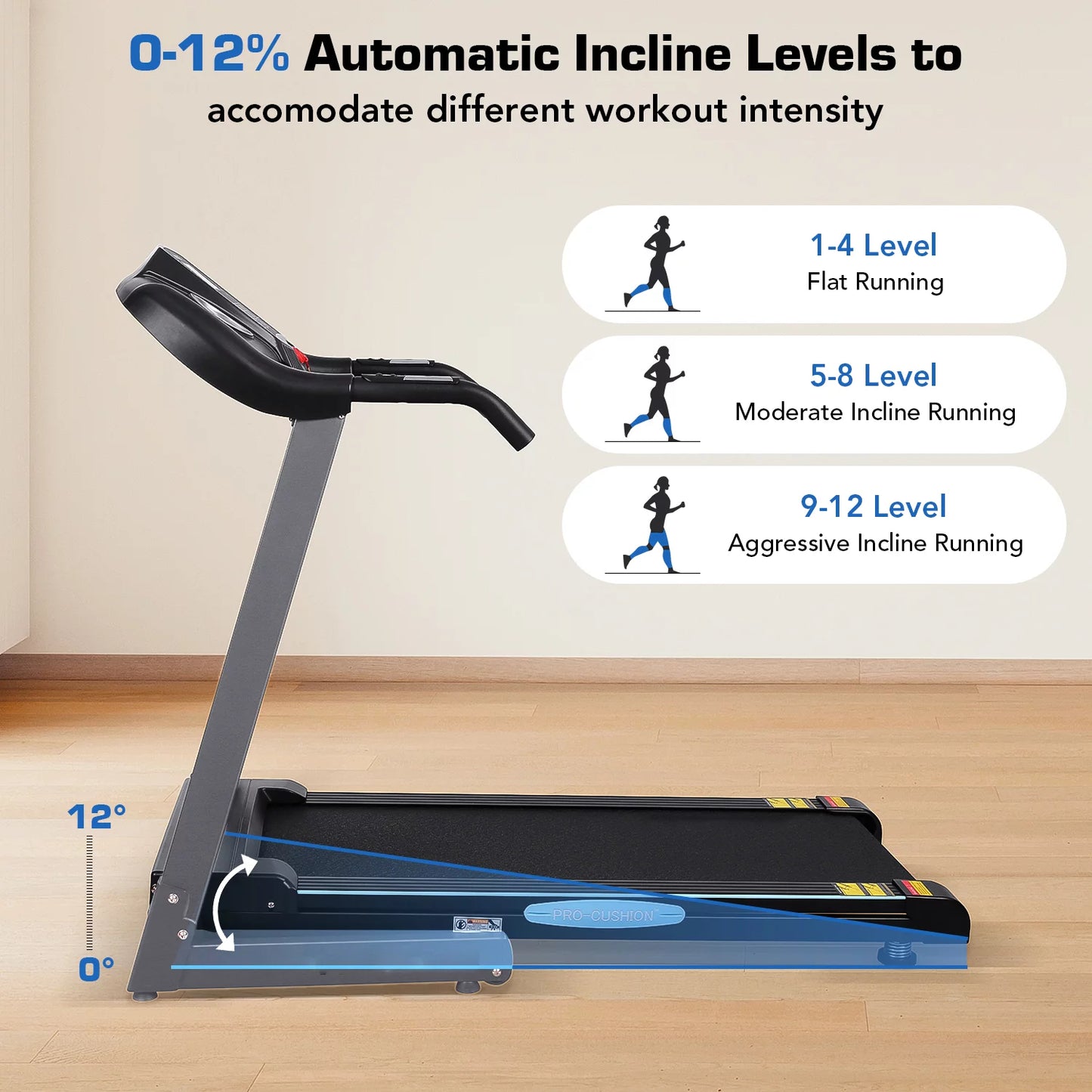 17'' Folding Treadmill with 12-Level Auto Incline & 2.5 HP for Running & Jogging & Walking for Home Use