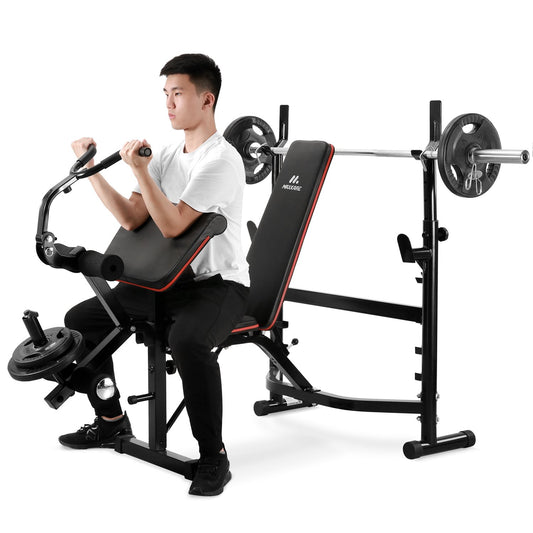 Olympic Weight Bench Adjustable Workout Bench Weight-Lifting Bed Exercise Bench with Squat Rack Leg Extension Preacher Curl Bench for Full Body Workout Strength Training Equipment for Home Gym