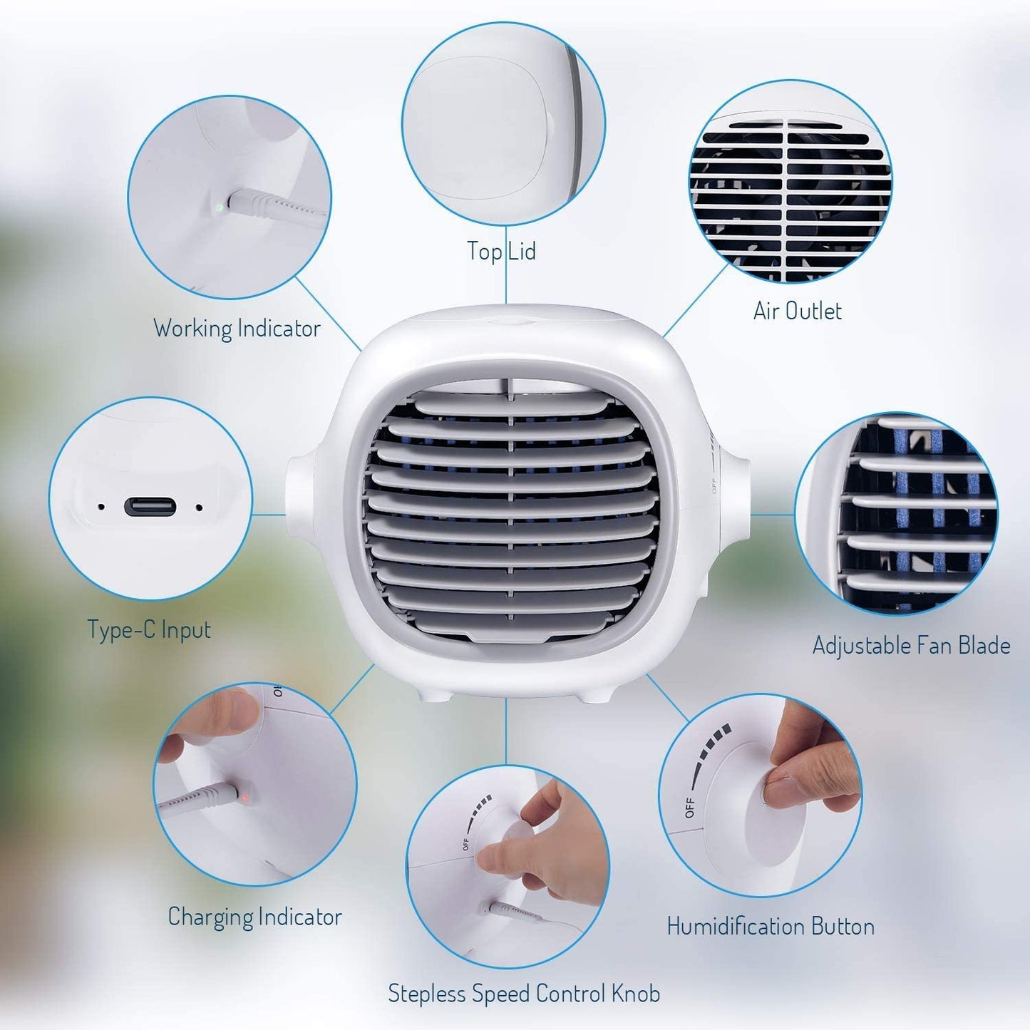 MARNUR Portable USB Rechargeable Air Cooler Air Conditioner Fan Evaporative Cooler Fan Space Cooler Fan Quiet Desk Fan, White