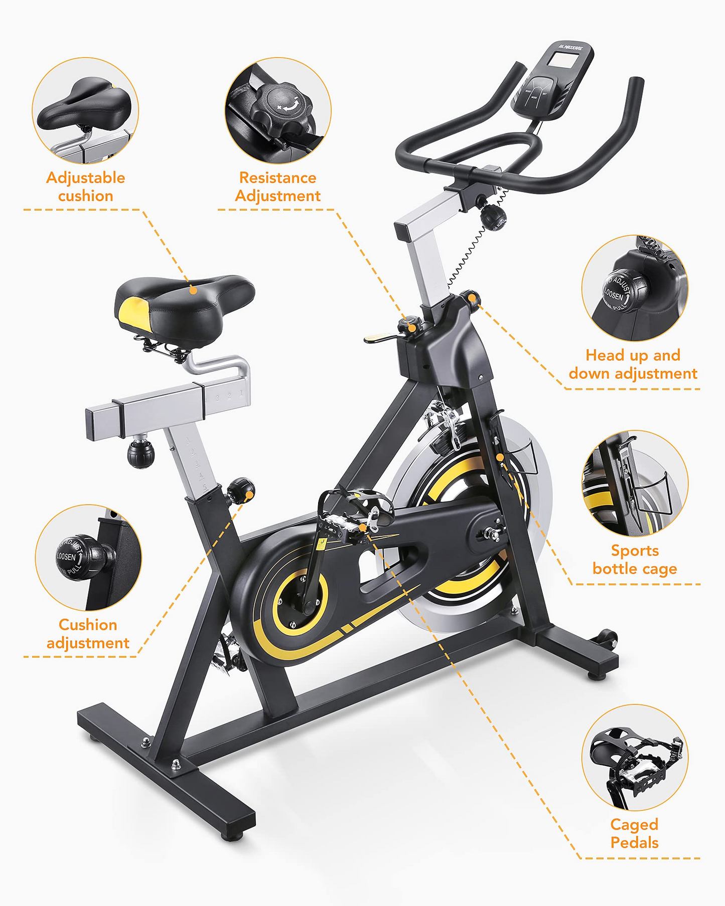 Exercise bike, Stationary Exercise Bike with LCD Monitor, Comfortable Seat Cushion, Dual Felt Resistance and Emergency Braking Systems for Home Gym