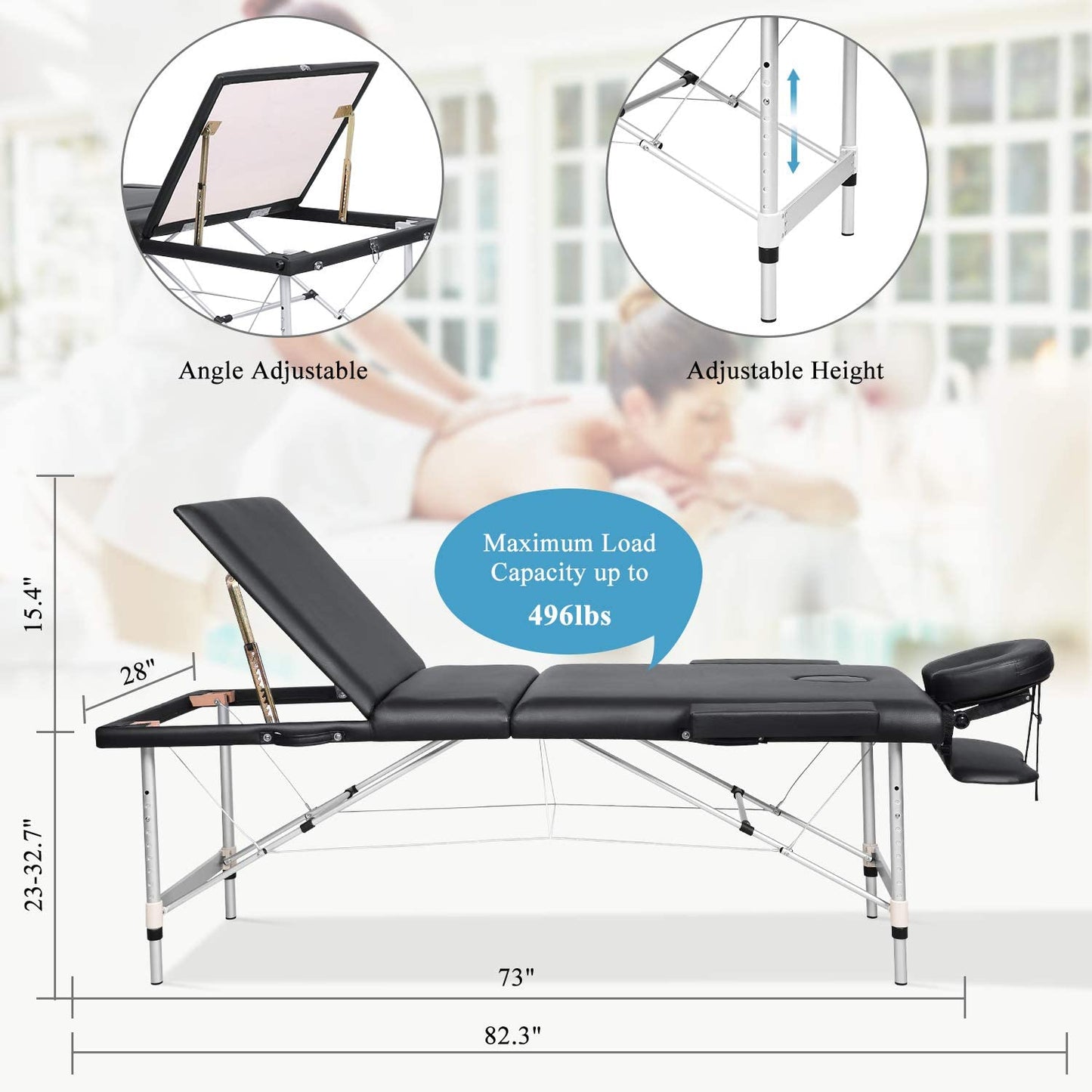 Massage Table Portable Massage Bed Aluminum 3 Section 9 Height Adjustment with Headrest, Armrests, and Hand Pallet, 496lbs Capacity