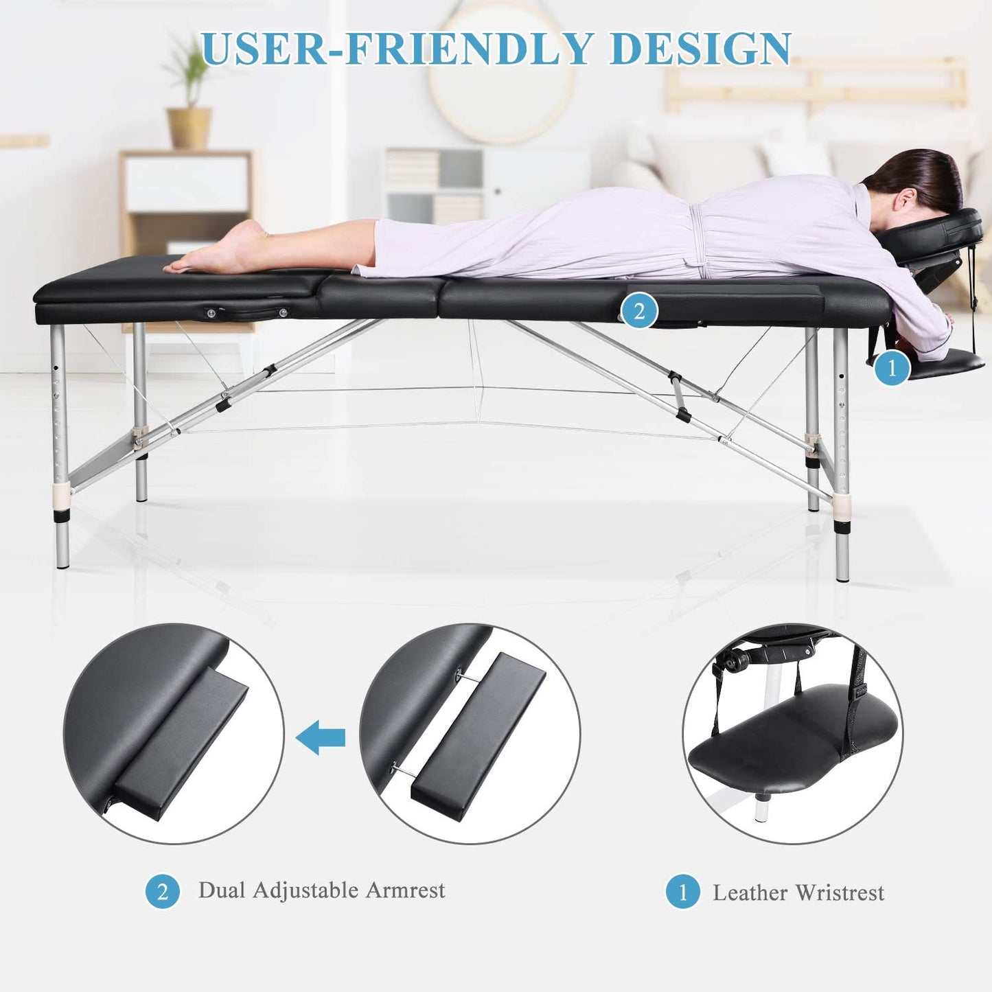 Massage Table Portable Massage Bed Aluminum 3 Section 9 Height Adjustment with Headrest, Armrests, and Hand Pallet, 496lbs Capacity