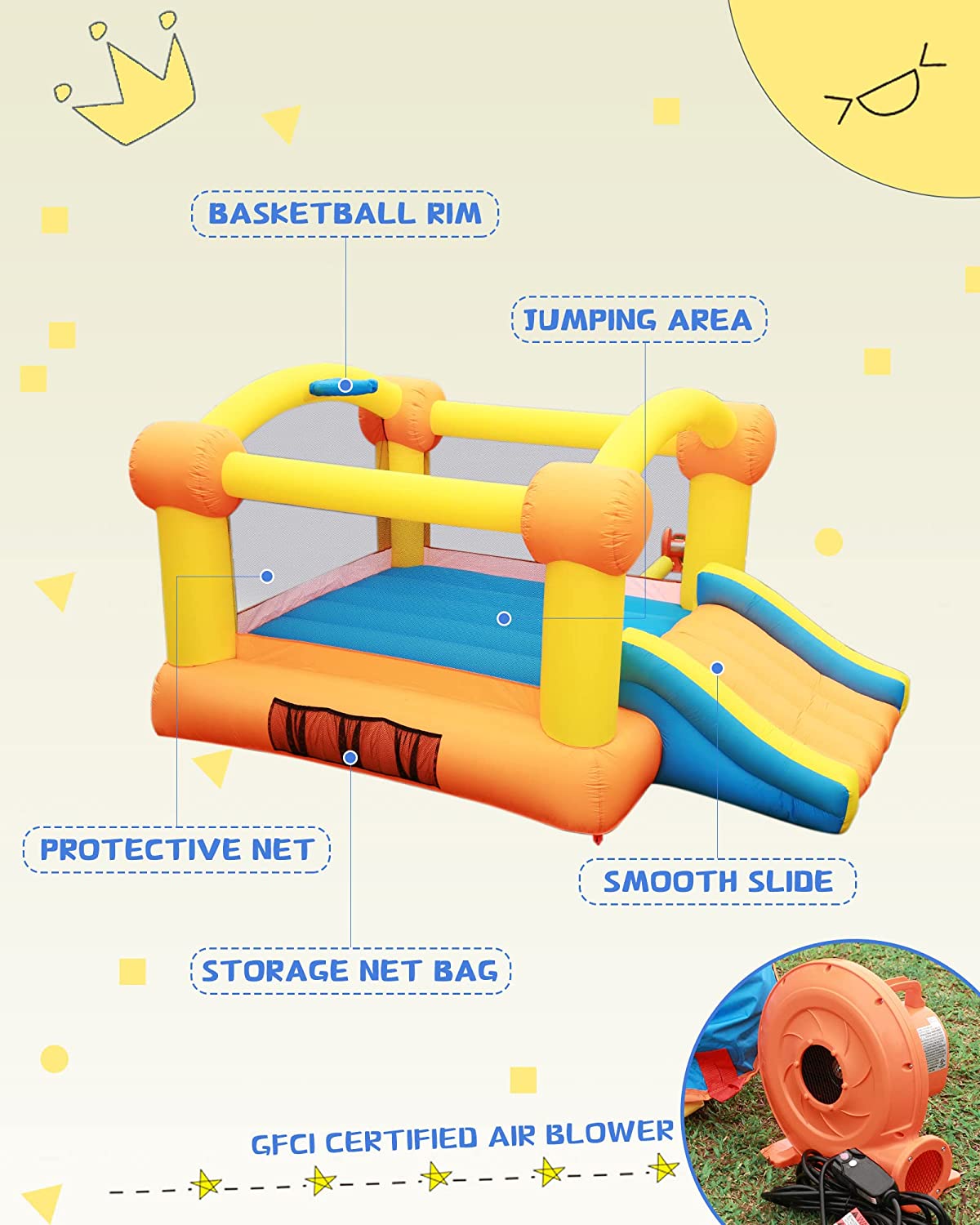 Bounce House Bouncy House Inflatable Bounce House Bouncing House 12x9x5.7FT Large Bouncing Area W Slide,Blower,Basketball Hoop, Repair Patches, Storage Bag for Ages 3-8 Years Kids Outdoor