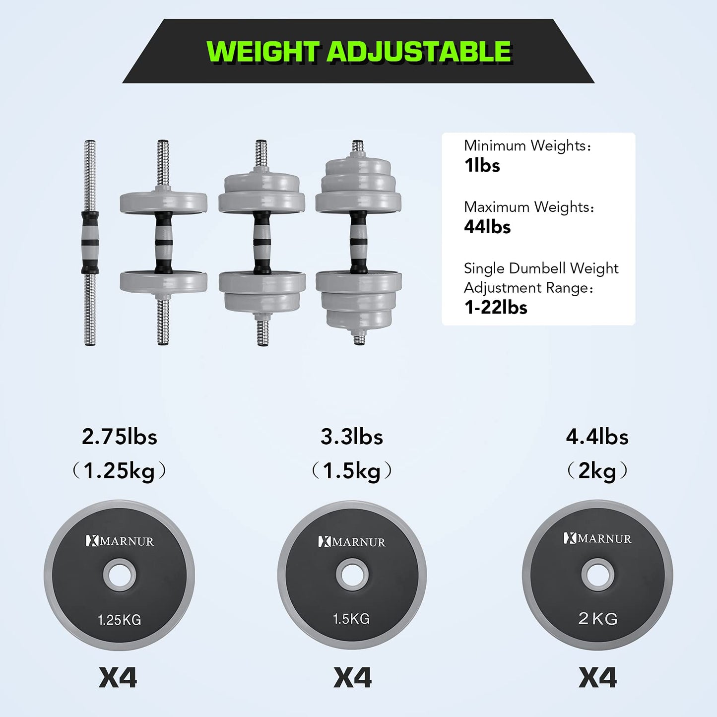 MARNUR Adjustable Dumbbell Barbell Weight Set, 44 LB Dumbbell Barbell Set with Connecting Rod Used as Barbell Weight Set for Exercises Fitness, Home Gym Weights for Men and Women