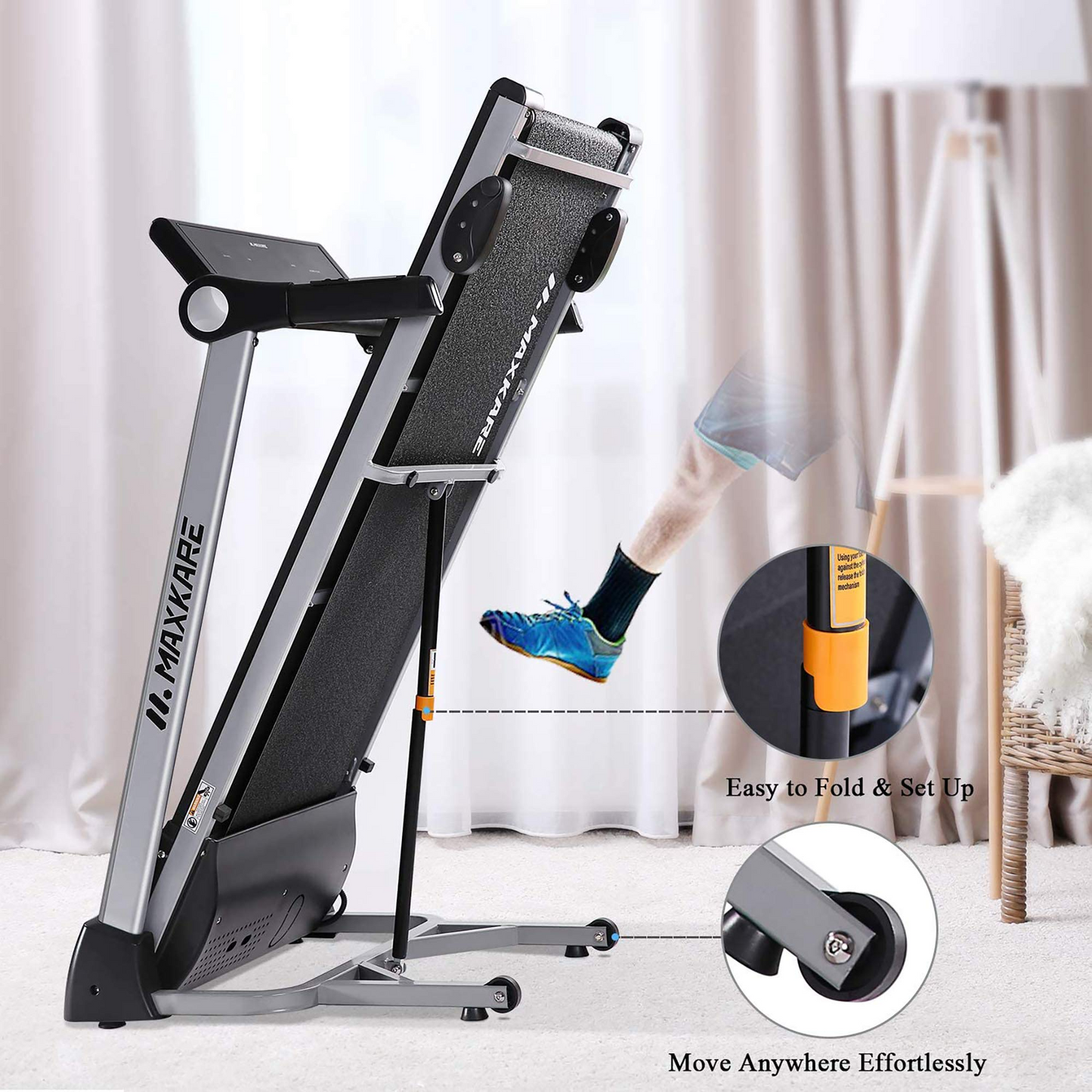 MaxKare 2.5HP Power Folding Treadmill Electric Motorized Running Machine with 15 Pre-Set Programs 8.5 MPH Max Speed White LED Display and Mobile Phone & Water Bottle Holder for Indoor Exercise