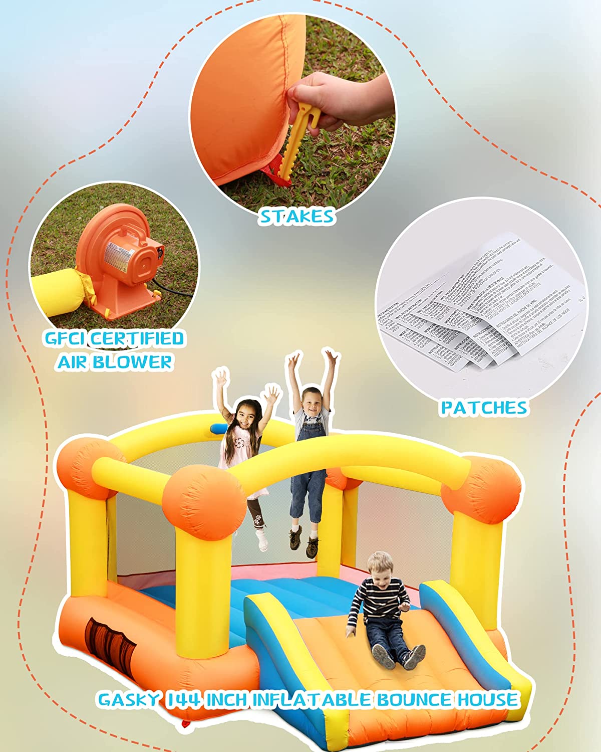 Bounce House Bouncy House Inflatable Bounce House Bouncing House 12x9x5.7FT Large Bouncing Area W Slide,Blower,Basketball Hoop, Repair Patches, Storage Bag for Ages 3-8 Years Kids Outdoor
