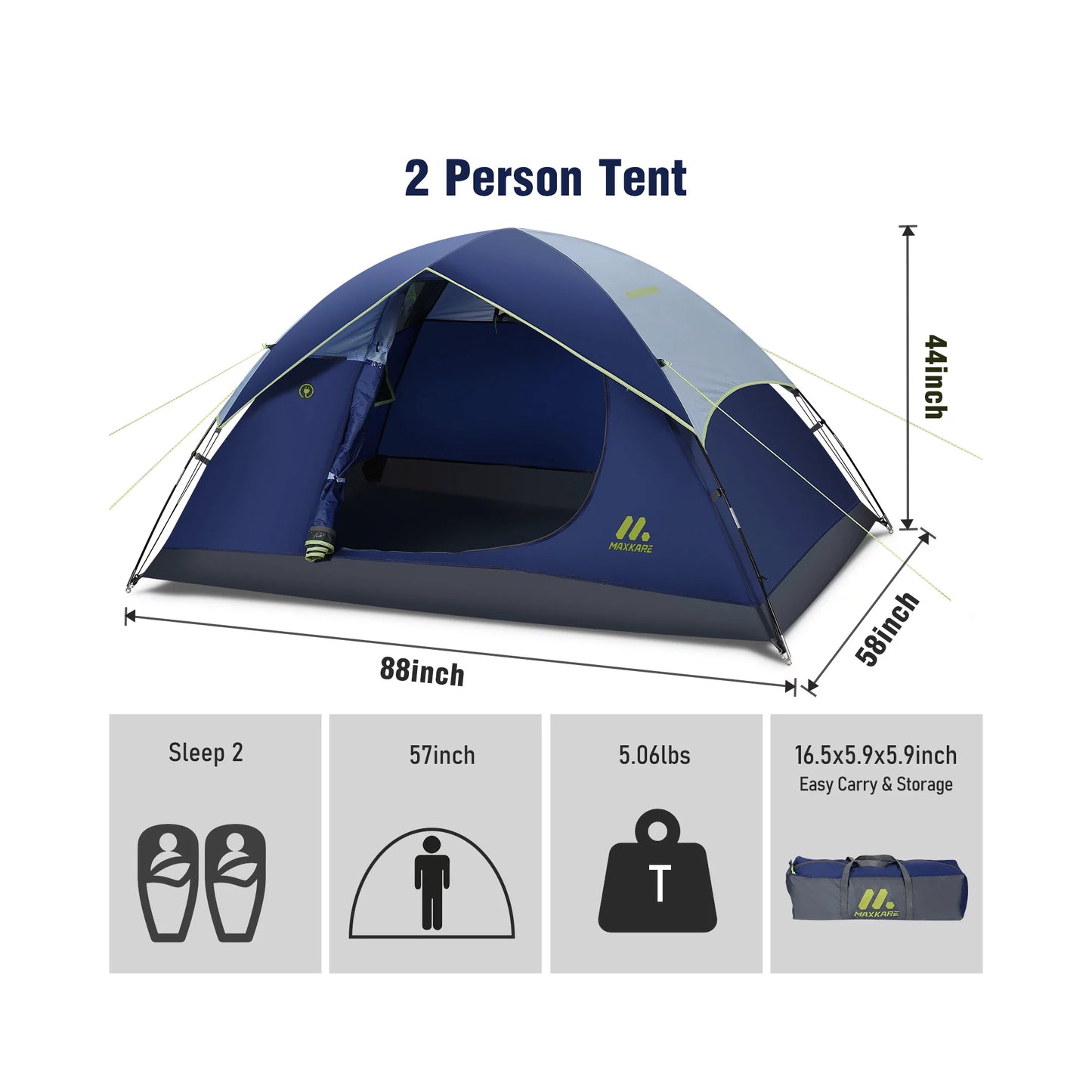 Dome Tent 2 Person Camp Tent with Rainfly, 2 Zippered Windows, Easy Set up, Waterproof for Camping, Backpacking & Hiking, Fishing Outdoor - Blue