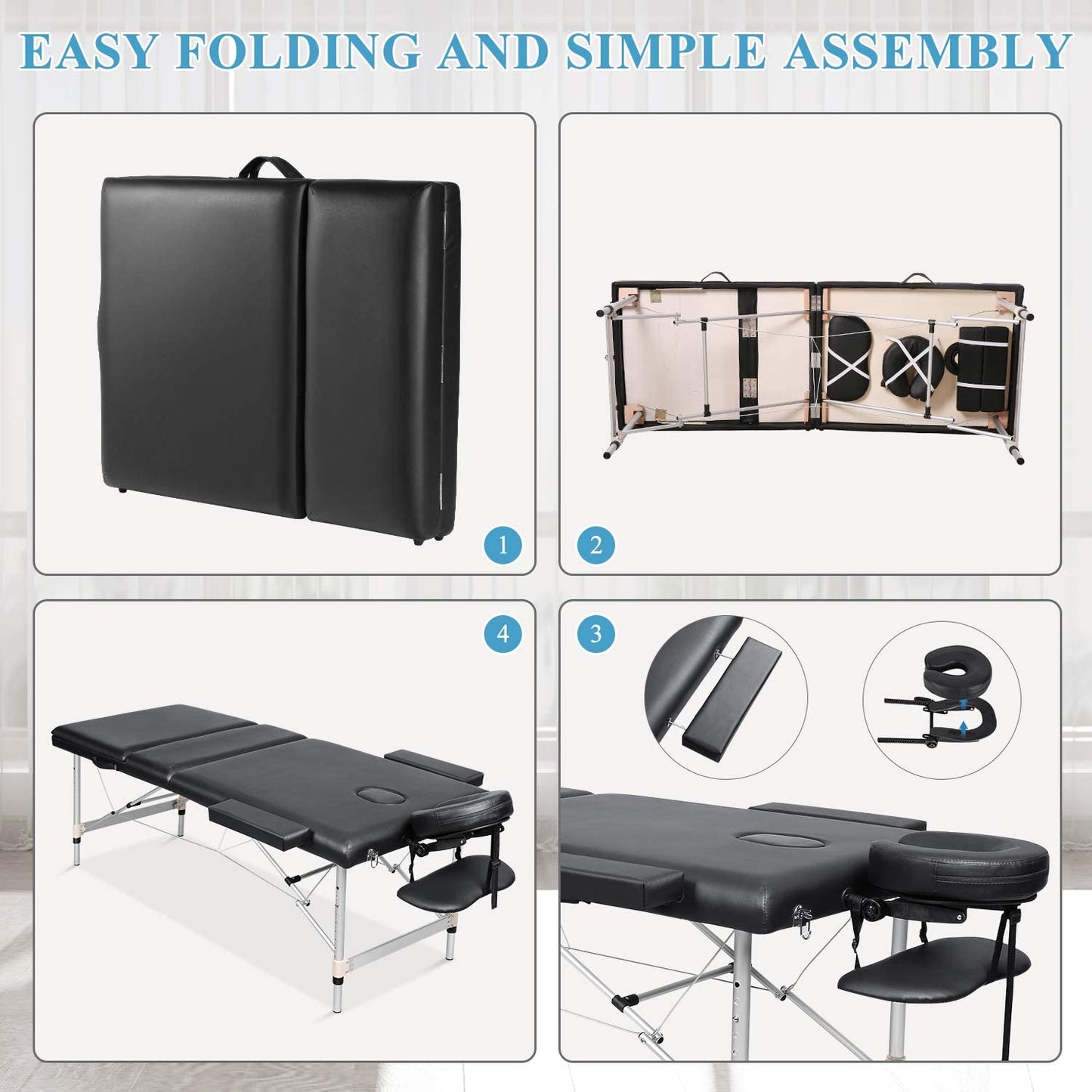 Massage Table Portable Massage Bed Aluminum 3 Section 9 Height Adjustment with Headrest, Armrests, and Hand Pallet, 496lbs Capacity
