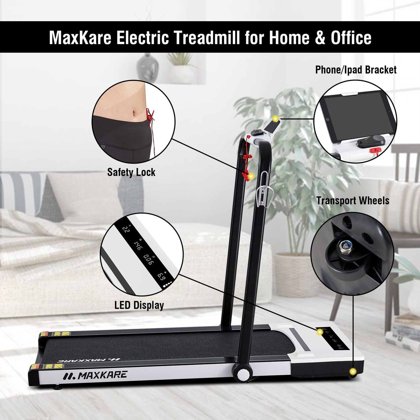 MaxKare 2.2HP Folding Electric Treadmill, 2-in-1 Walking & Running Machine with Remote Control Flat Under Desk Treadmill for Home/Office, Installation-Free Space Saving