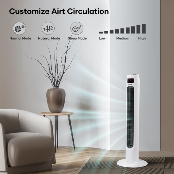 36" Tower Fan 90° Oscillating Fan 60dB Quiet Cooling Fan with Remote Control, 3 Speeds, 3 Wind Modes, Timer, LED Display, Standing Fan for Bedroom - White