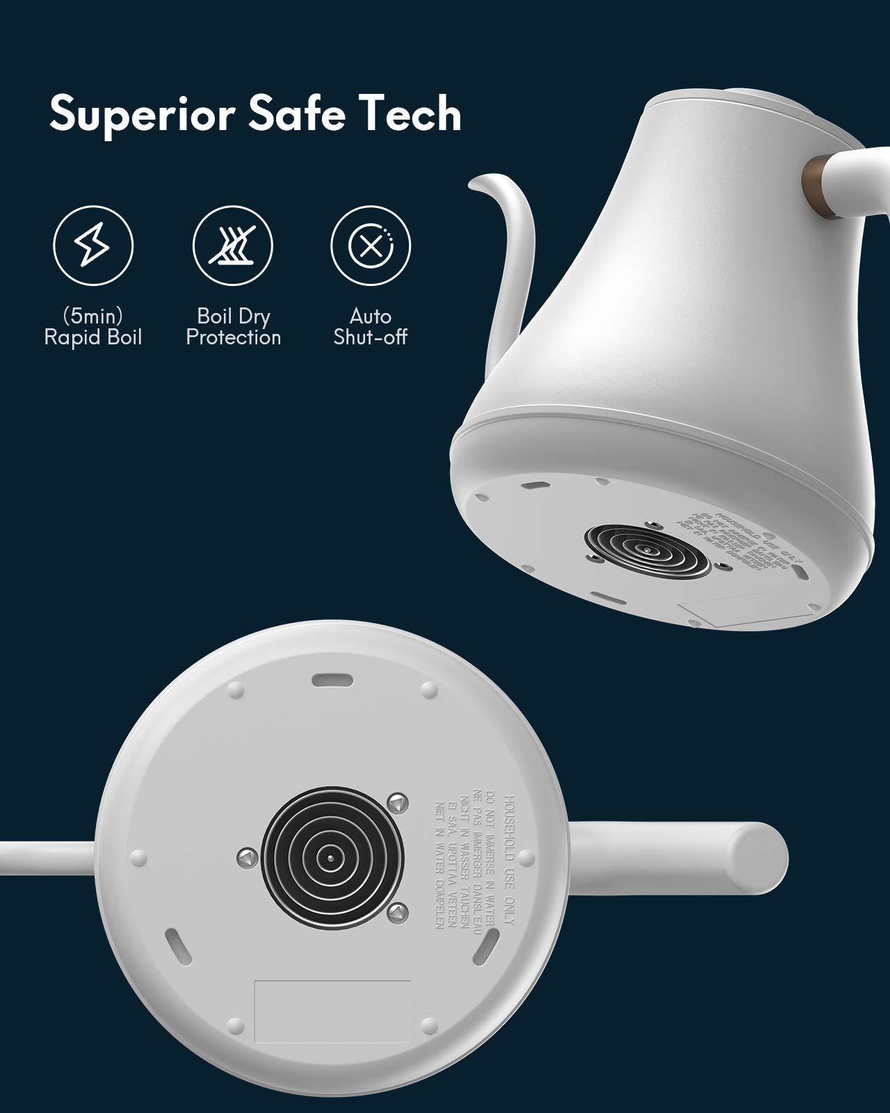 Willsence Electric Gooseneck Coffee Kettle with Temperature Control, 1200W Pour Over Electric Kettle for Coffee and Tea, 100% Stainless Steel Inner Lid and Bottom, Matte White