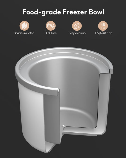 Aukey Home 1.5QT Ice Cream Maker with LCD Digital Display and Countdown Timer Control Panel Fruit Sorbet and Frozen Yogurt Machine for home, Recipe included