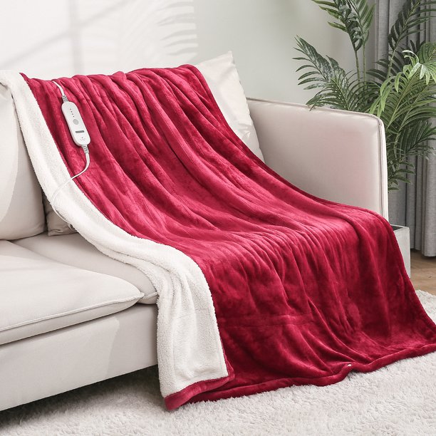 Electric Throw Blanket 50'' x 60‘’ with 4 Heating Levels, 3 Hours Auto-Off, Machine-Washable Heated Throw Blanket, Red
