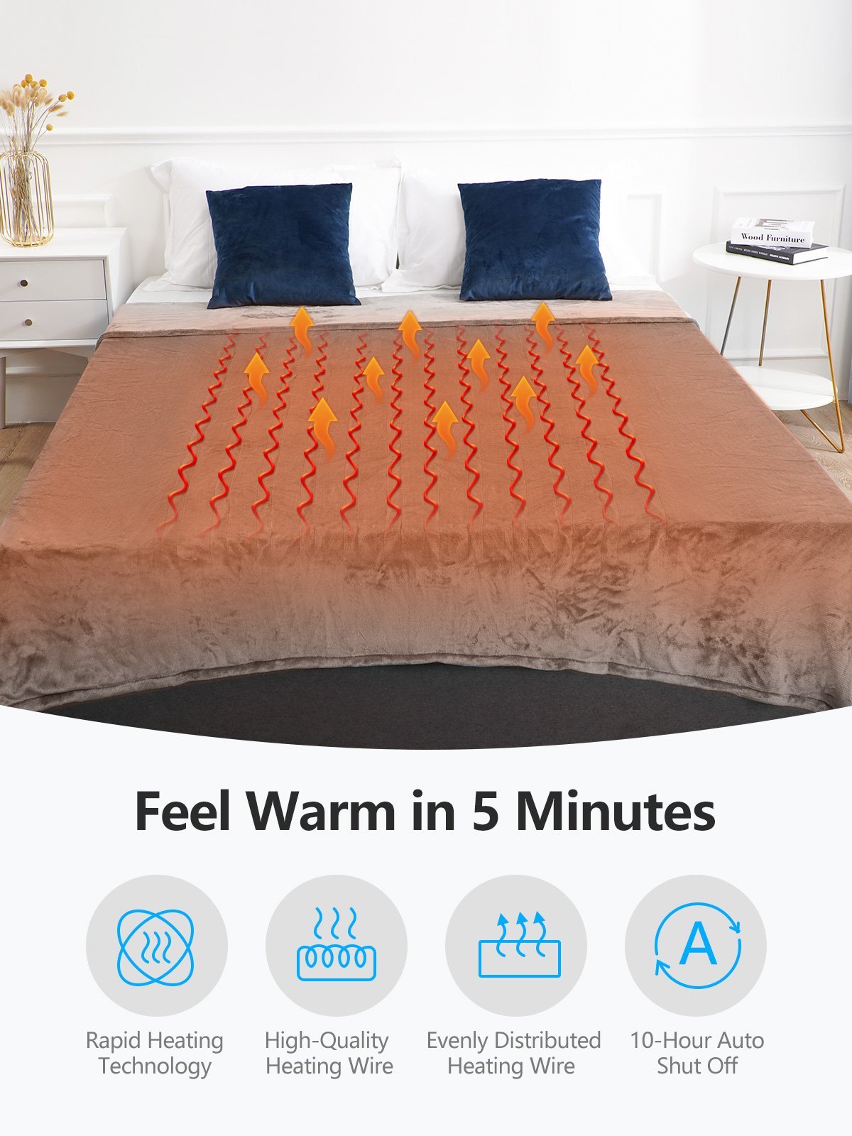 Electric Heated Blanket Full 72"x84"Oversized Flannel Heated Blanketfor Whole Body Warming, ETL and FCC Certification Fast Heating with 4 Heating Levels & 10 Hours Auto Off, Machine Washable - NAIPO