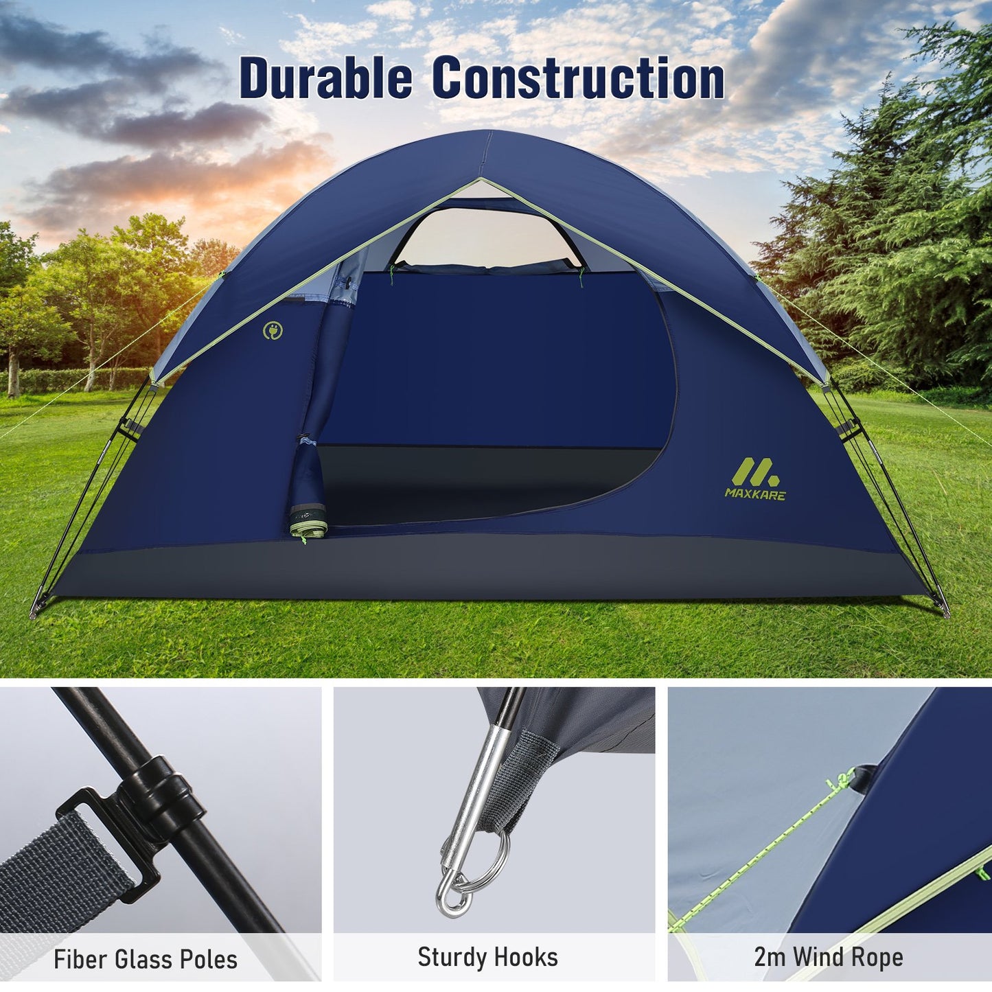 Dome Tent 2 Person Camp Tent with Rainfly, 2 Zippered Windows, Easy Set up, Waterproof for Camping, Backpacking & Hiking, Fishing Outdoor - Blue