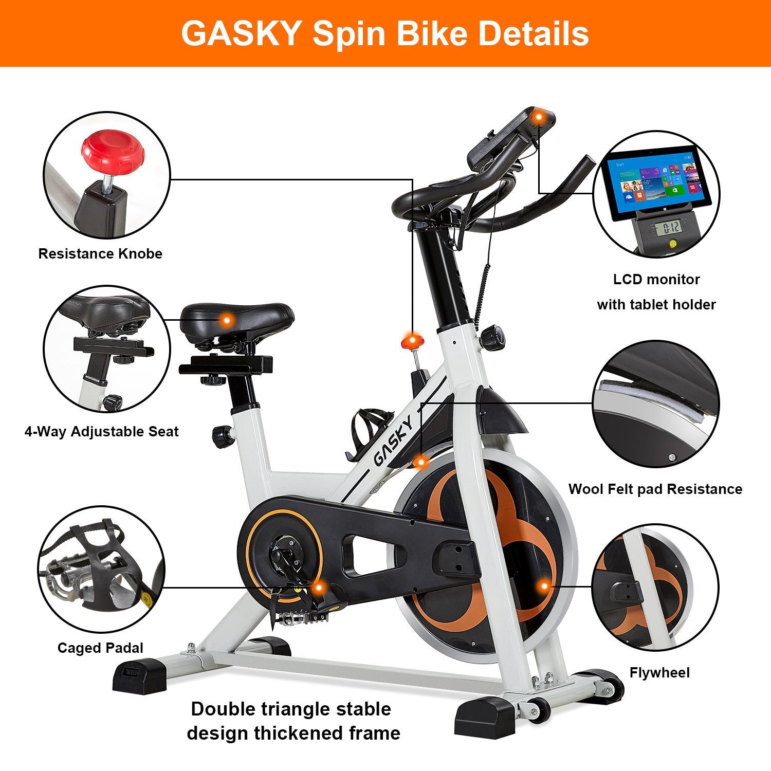 GASKY Indoor Exercise Bike Stationary Cycling Bike with LCD Monitor Tablet Holder, Comfortable Seat Cushion for Home Gym Office Use - NAIPO