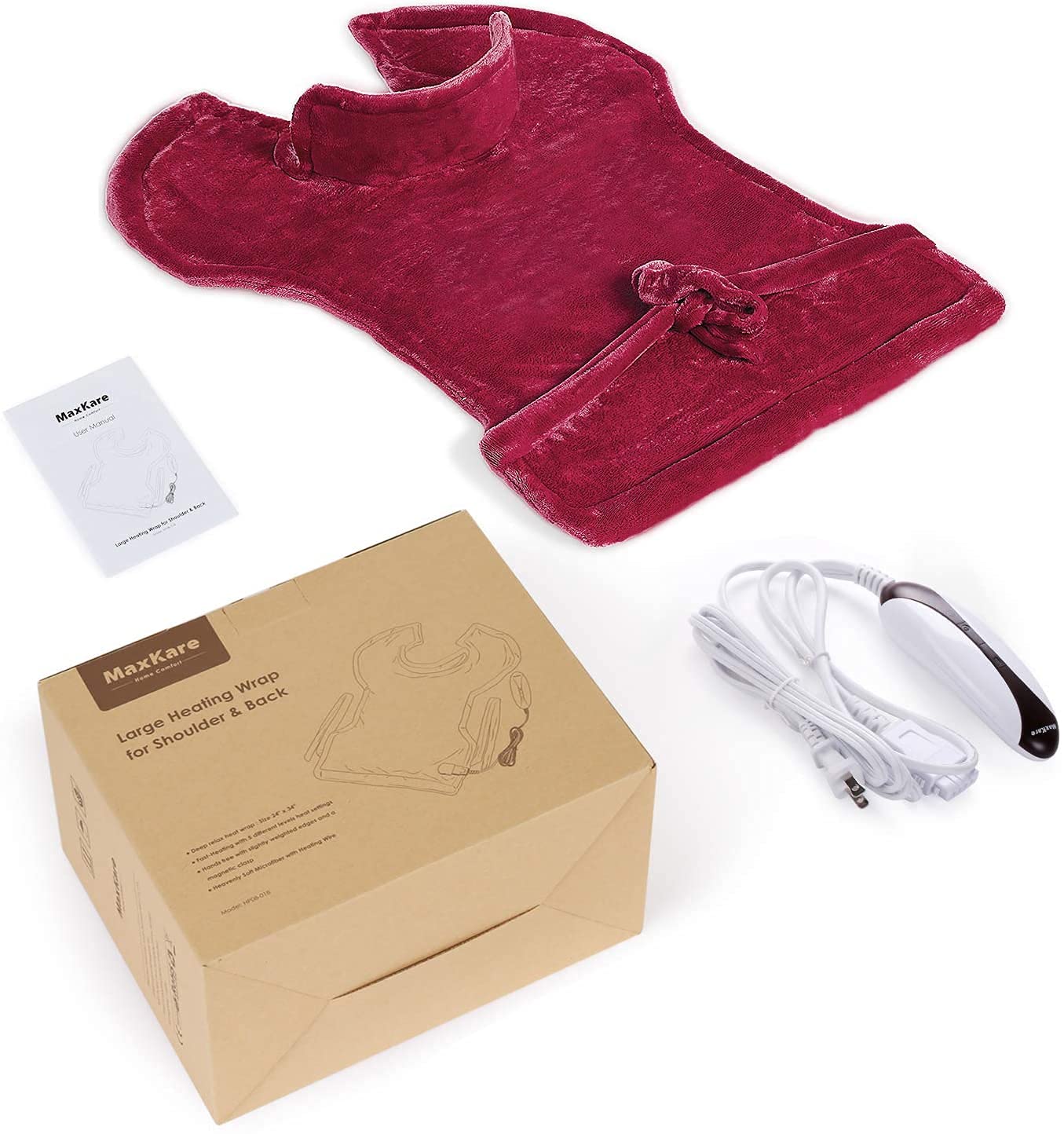 Large Heating Pad for Neck, Back and Shoulder, 24"x33" Heat Wrap with Fast-Heating and 5 Levels Temperature Settings, 2 Hours Auto Shut Off, Machine Washable - Red - NAIPO