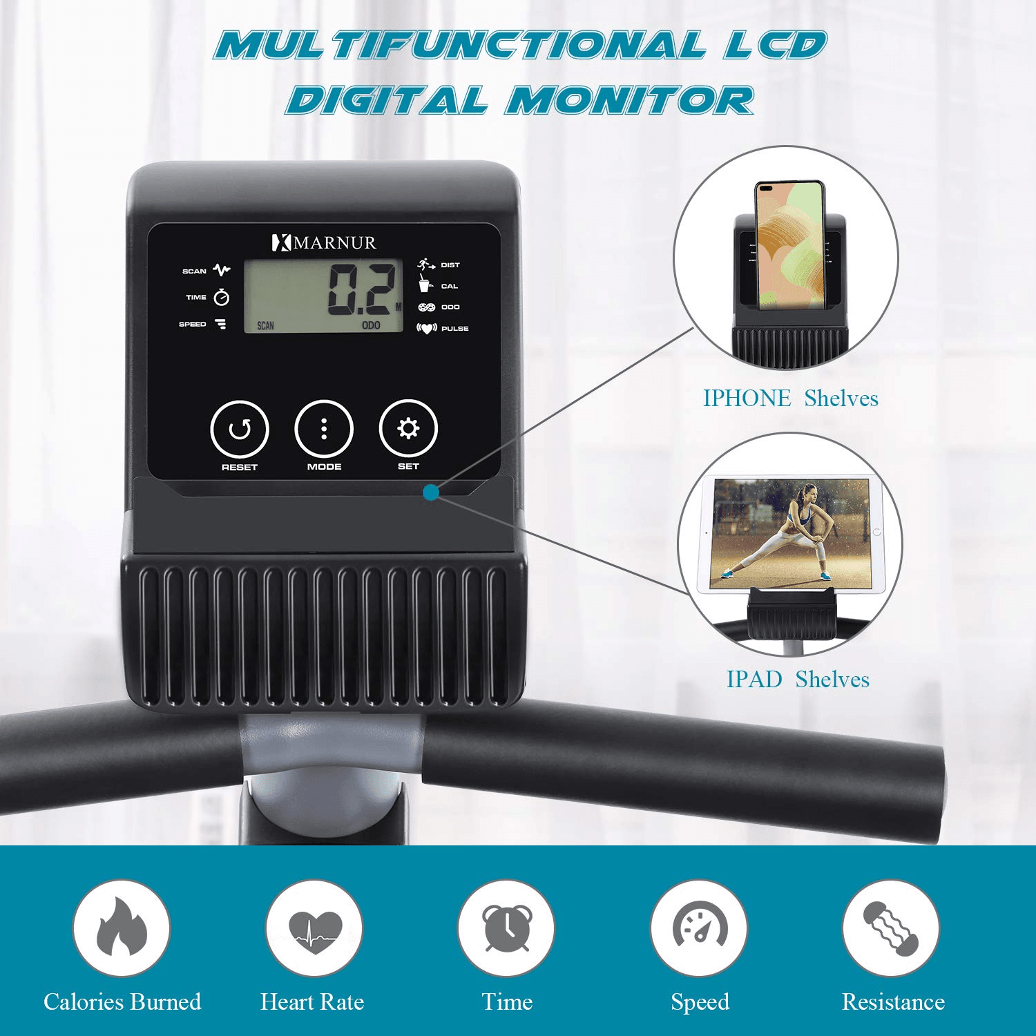 MARNUR Recumbent Exercise Bike Indoor Cycling Stationary Magnetic Home with 8 Levels Adjustable Resistance with LCD Monitor & Pad Holder for Men and Women - NAIPO