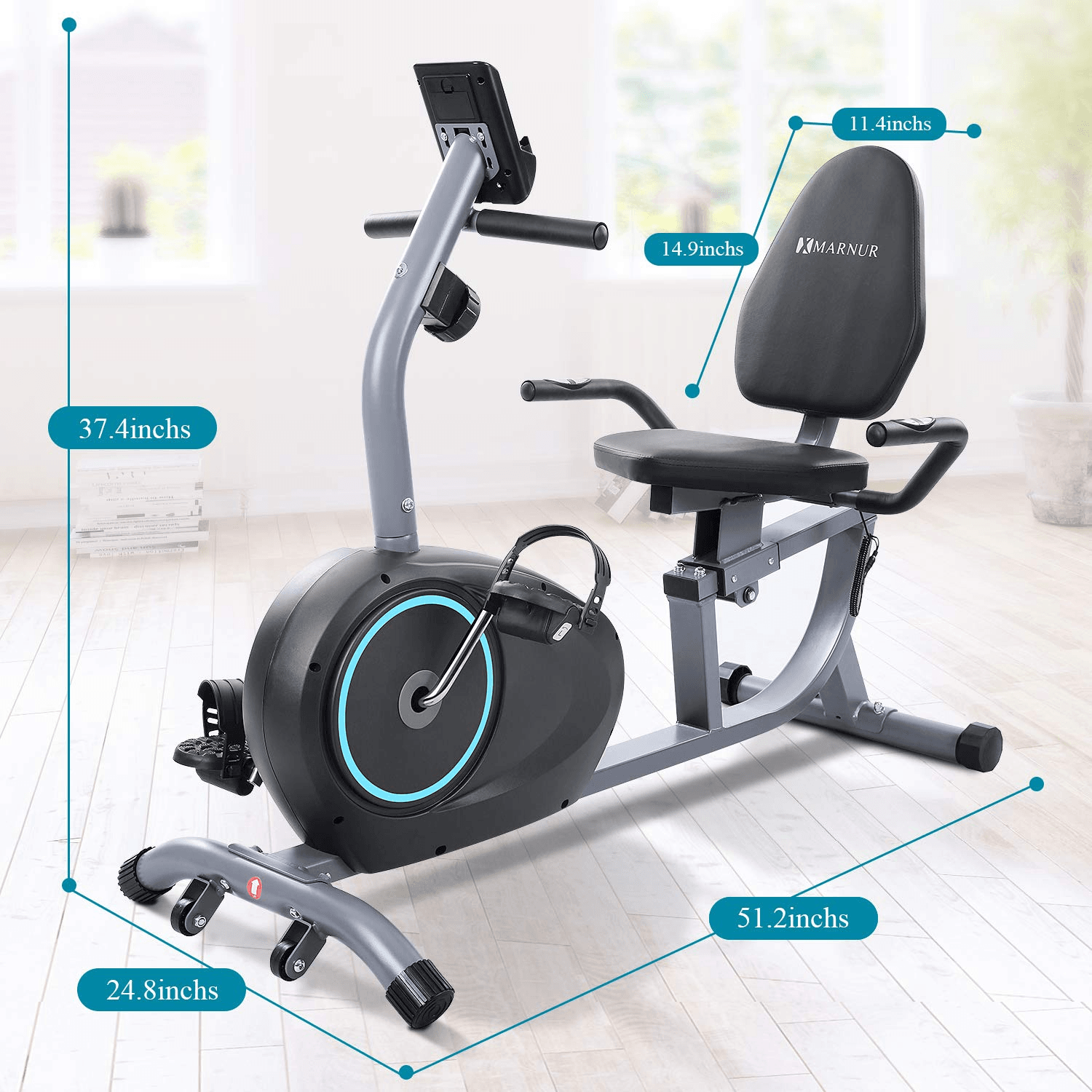 MARNUR Recumbent Exercise Bike Indoor Cycling Stationary Magnetic Home with 8 Levels Adjustable Resistance with LCD Monitor & Pad Holder for Men and Women - NAIPO