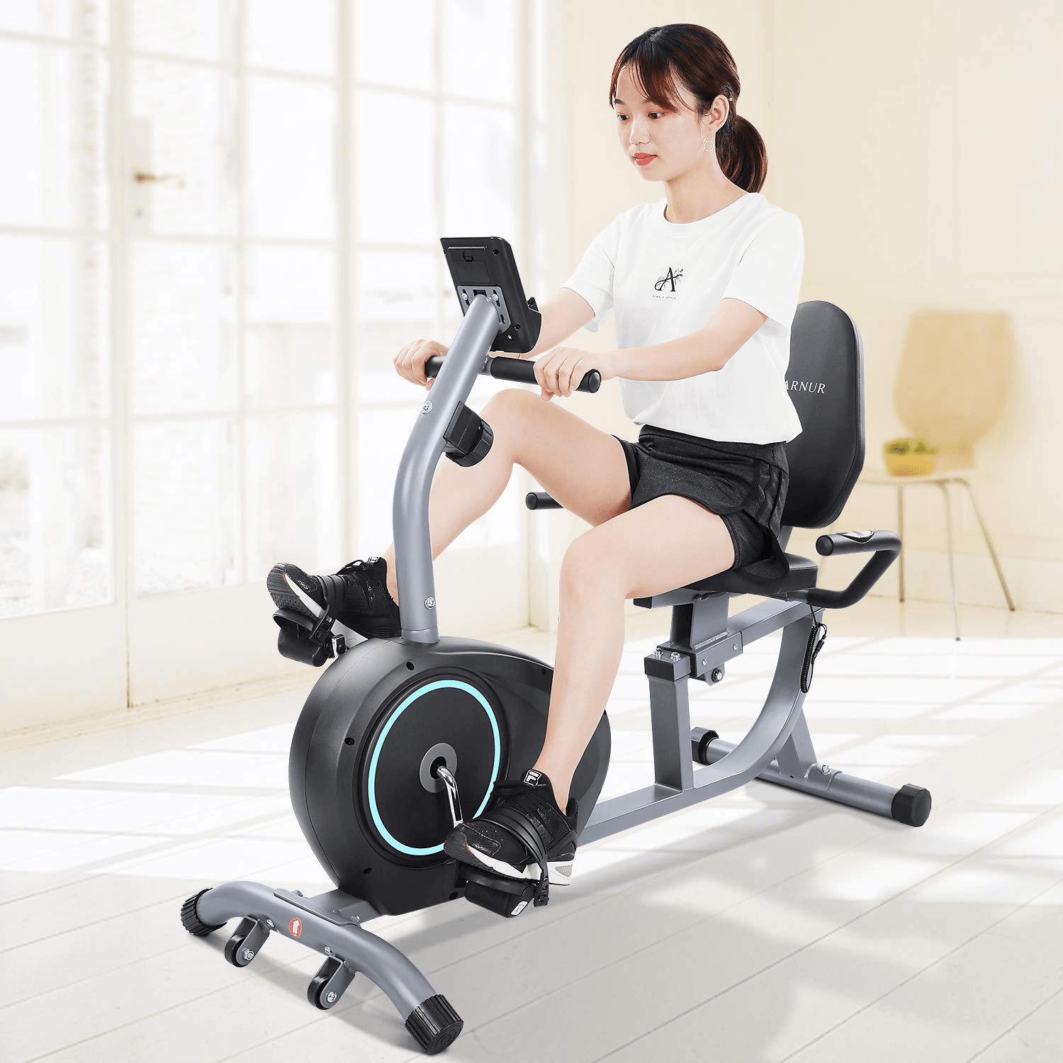 MARNUR Recumbent Exercise Bike Indoor Cycling Stationary Magnetic Home with 8 Levels Adjustable Resistance with LCD Monitor & Pad Holder for Men and Women - NAIPO