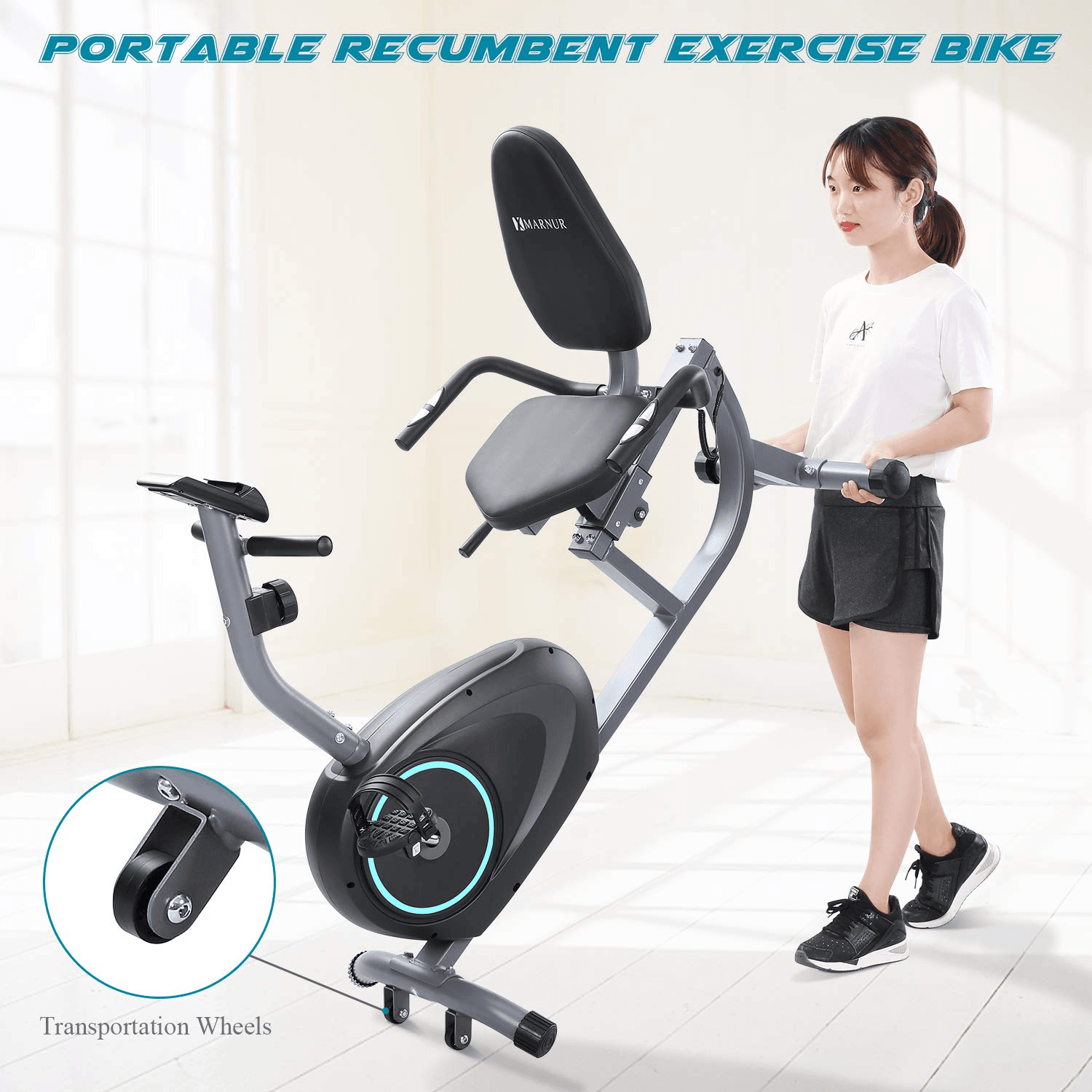 MARNUR Recumbent Exercise Bike Indoor Cycling Stationary Magnetic Home with 8 Levels Adjustable Resistance with LCD Monitor & Pad Holder for Men and Women - NAIPO