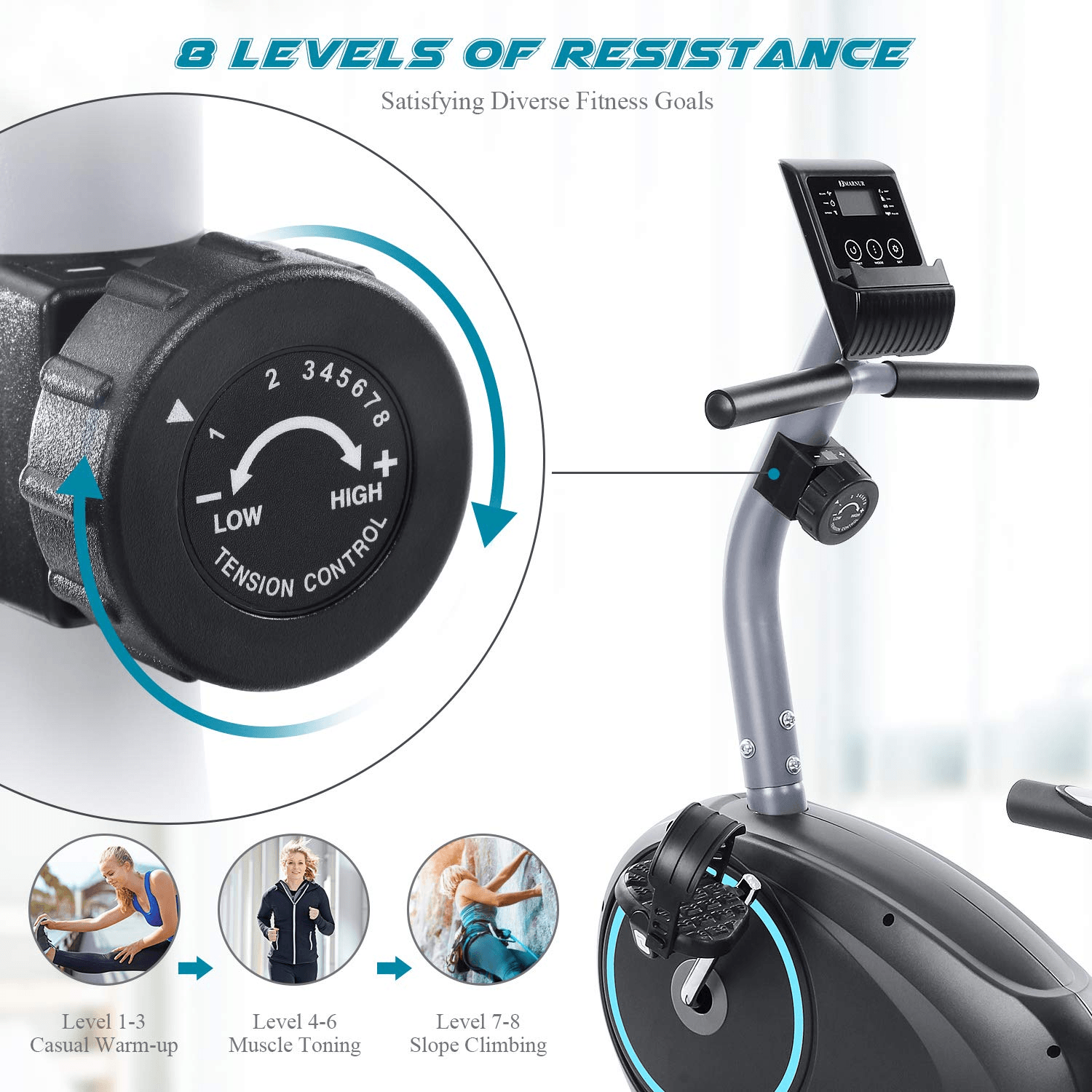 MARNUR Recumbent Exercise Bike Indoor Cycling Stationary Magnetic Home with 8 Levels Adjustable Resistance with LCD Monitor & Pad Holder for Men and Women - NAIPO
