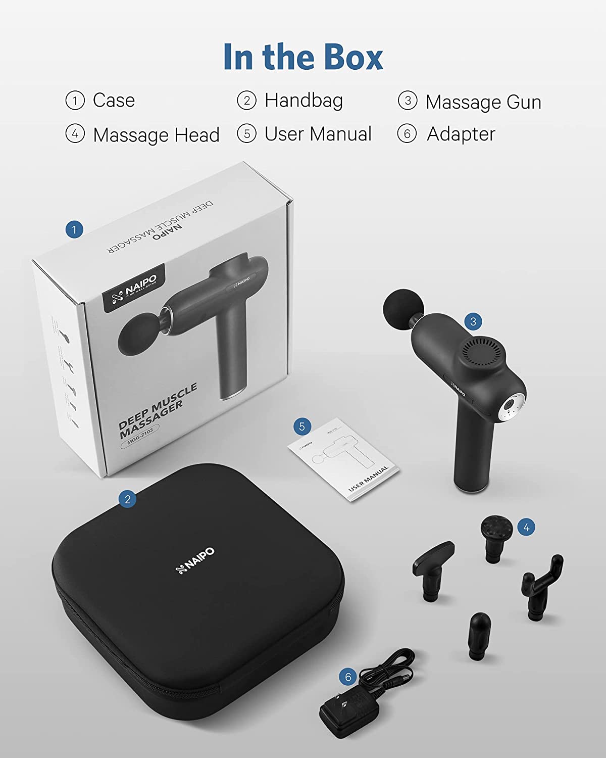 Massage Gun for Athletes, Naipo Handheld Massage Deep Tissue Body Muscle Massage Gun Professional Percussion for Pain Relief Relaxation with 5 Massage Heads Cordless Quiet Portable Carrying Case - NAIPO