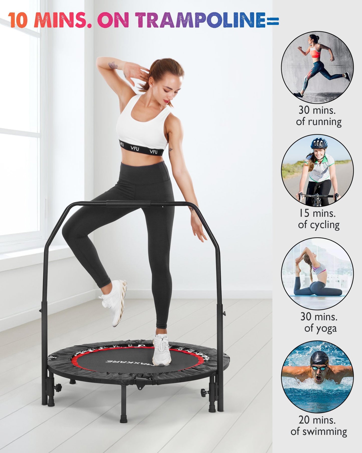 MaxKare 40” Fitness Trampoline-Exercise Rebounder for Indoor & Outdoor Foldable Design w. Adjustable Handle - NAIPO