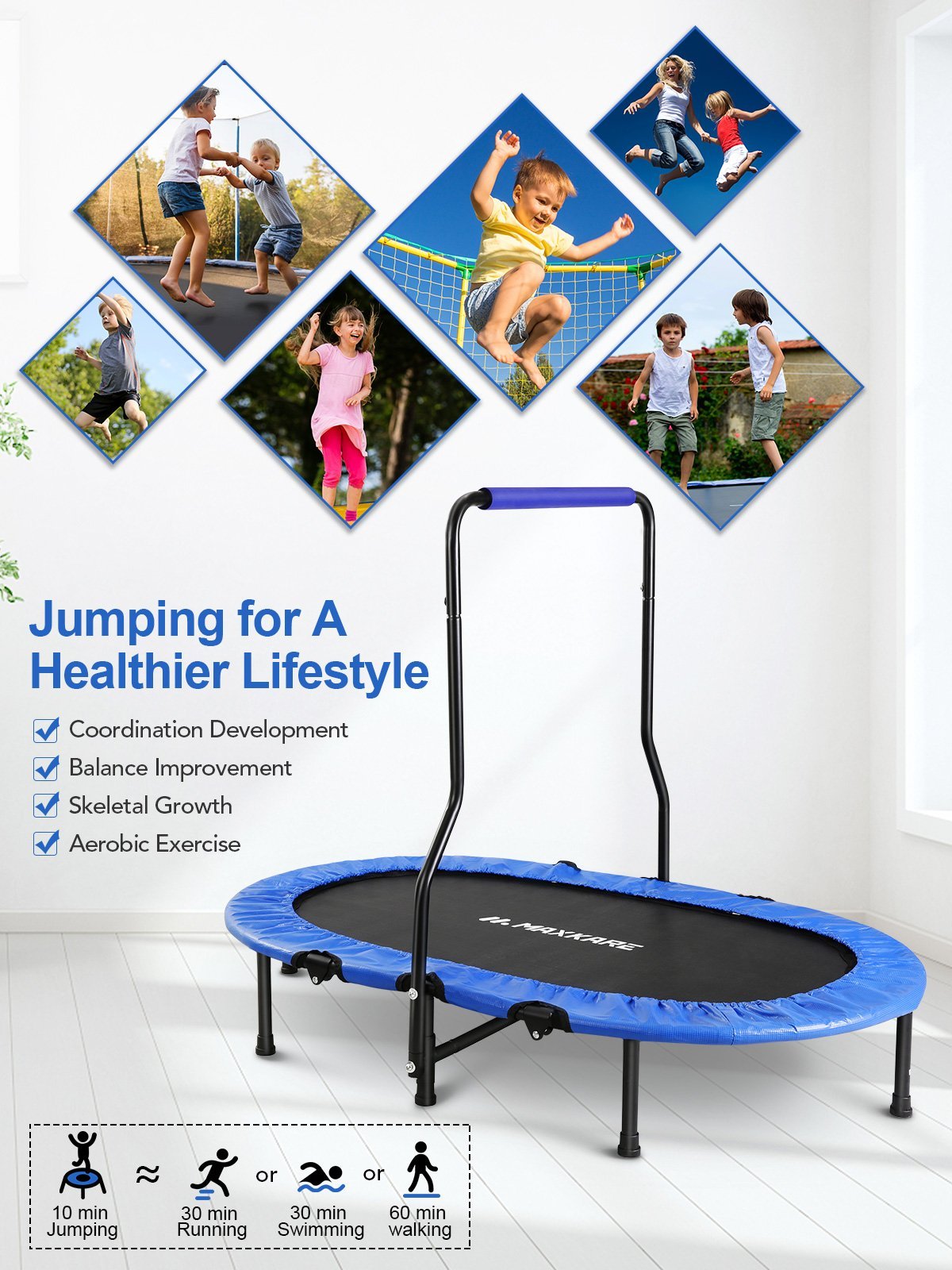 MaxKare Double Kids Trampoline- Mini Foldable Rebounder for Kids w. Adjustable & Detachable Handle - NAIPO