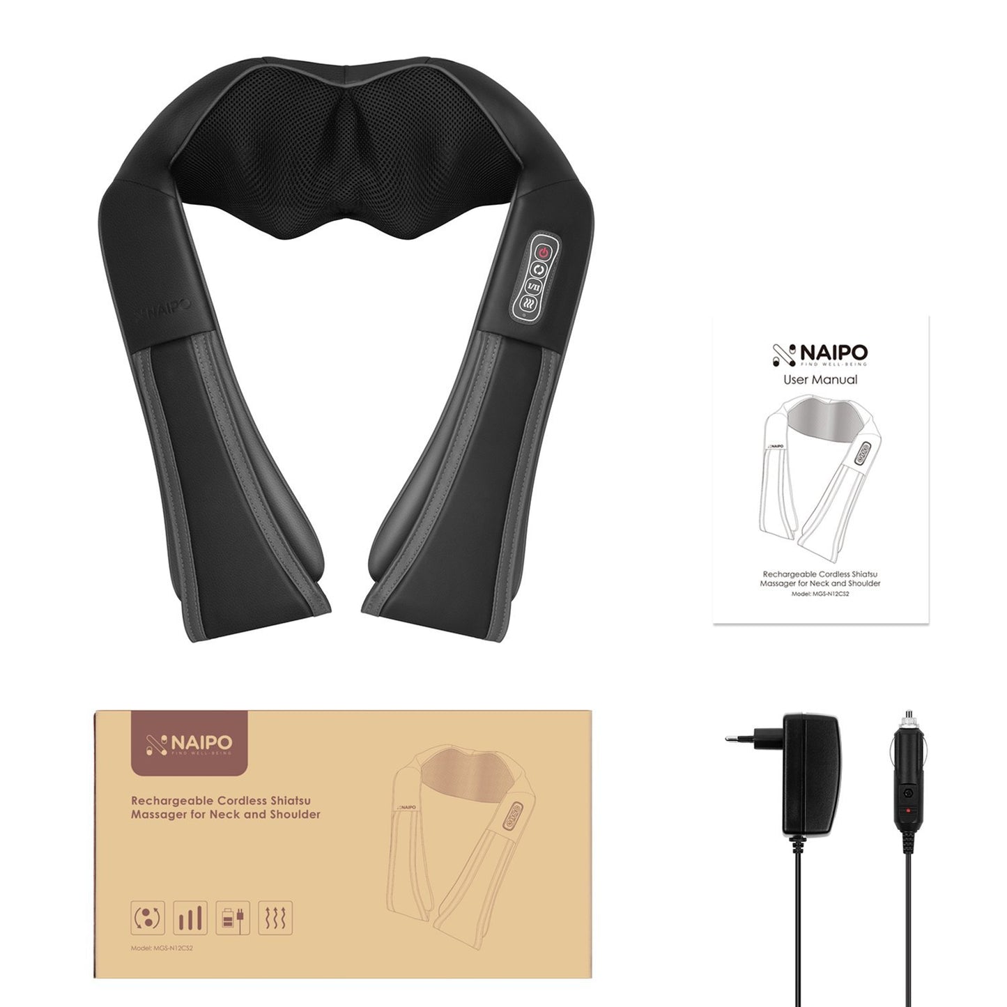 Naipo Rechargeable Cordless Shiatsu Massager for Neck and Shoulder - NAIPO