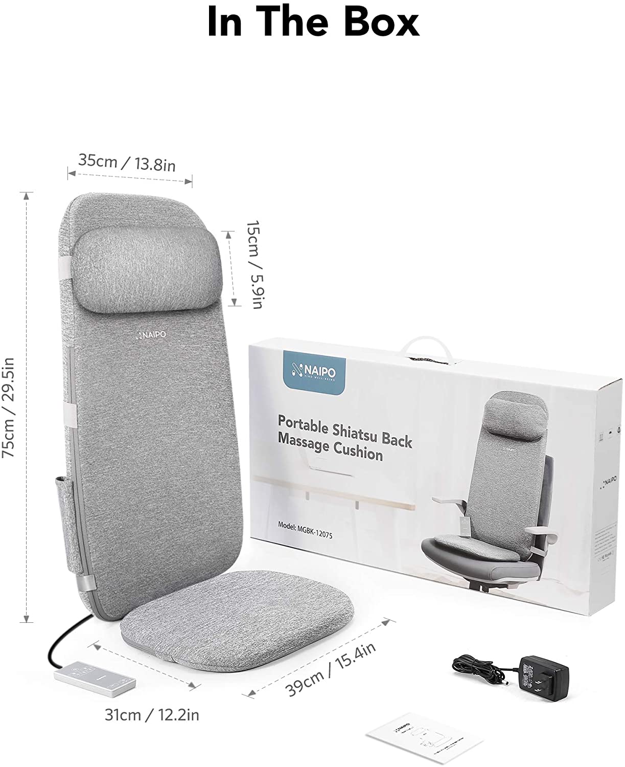 Naipo Shiatsu Massage Cushion with Heat and Vibration, Massage Chair Pad to Relax Full Back, Shoulders, Lumbar and Thighs, Stable and Portable Back Massager Mat for Home, Office Use, Grey - NAIPO